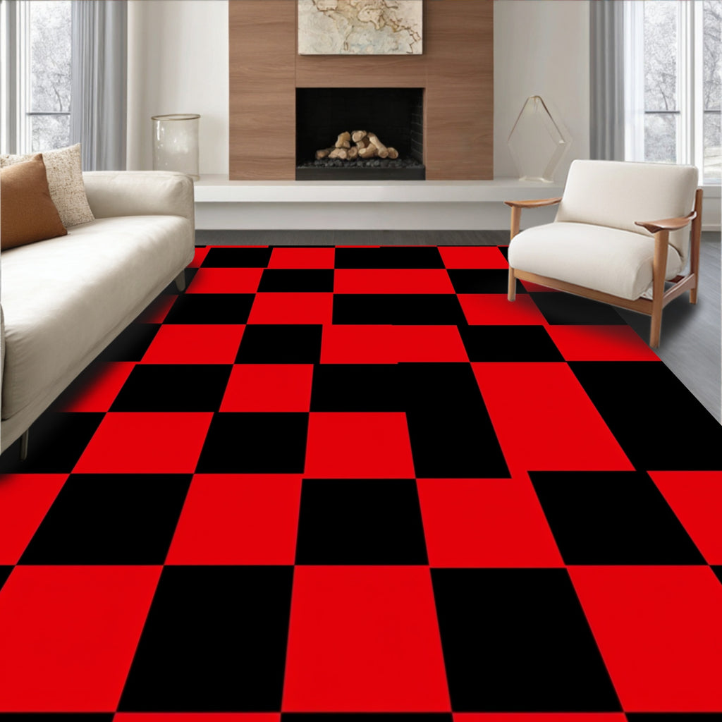 Bold Red Black Checkerboard Pattern Rug