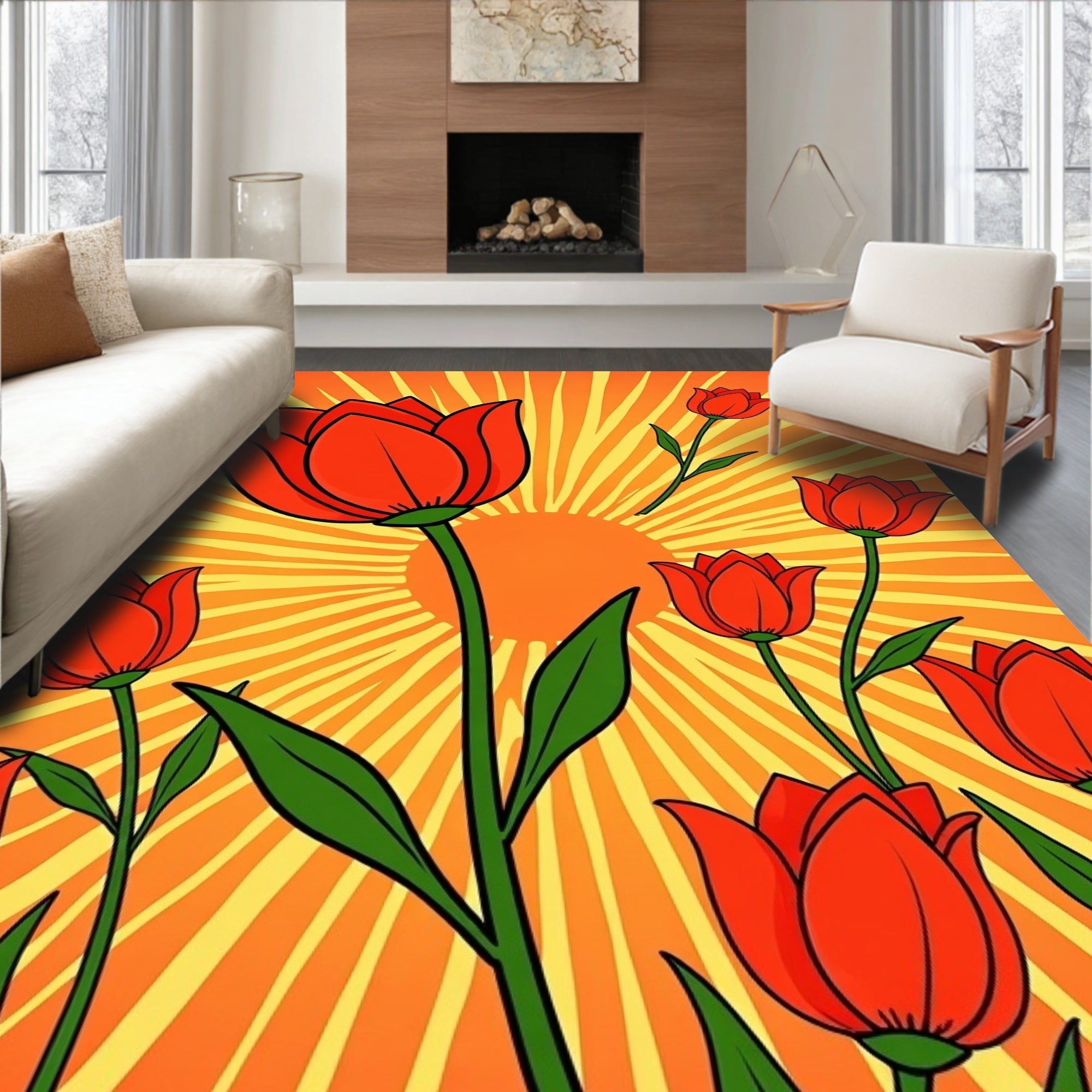 Red Tulip Floral Rays Rug