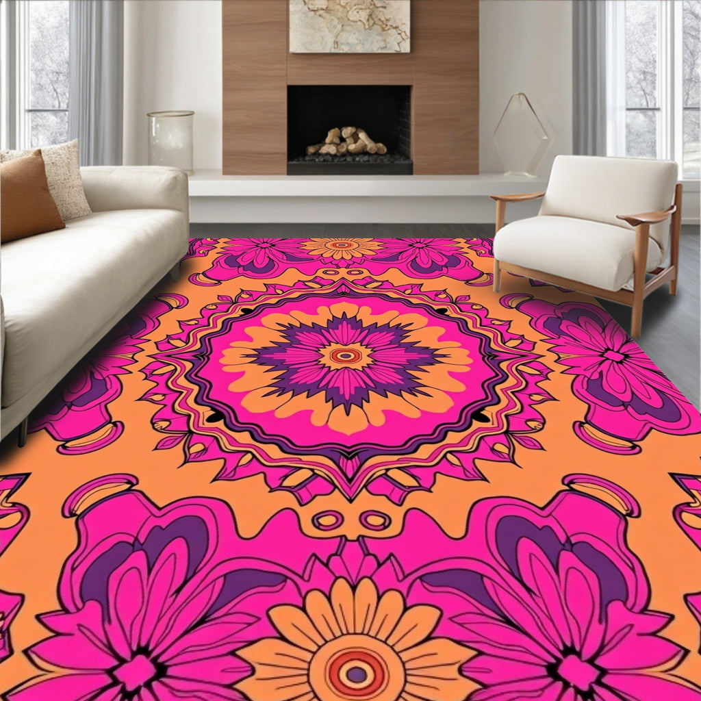 Vibrant Pink Orange Mandala Flowers Rug