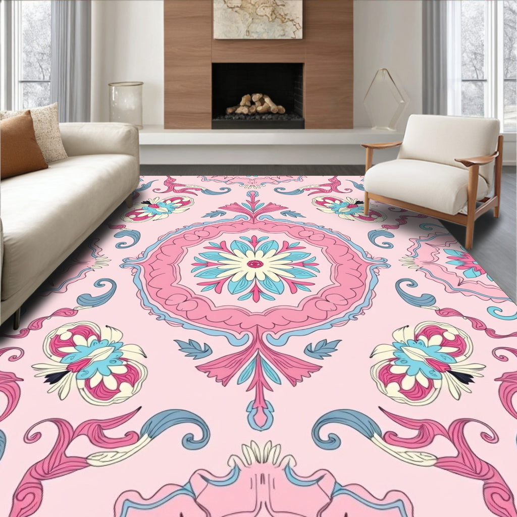 Pastel Pink Floral Medallion Swirl Rug