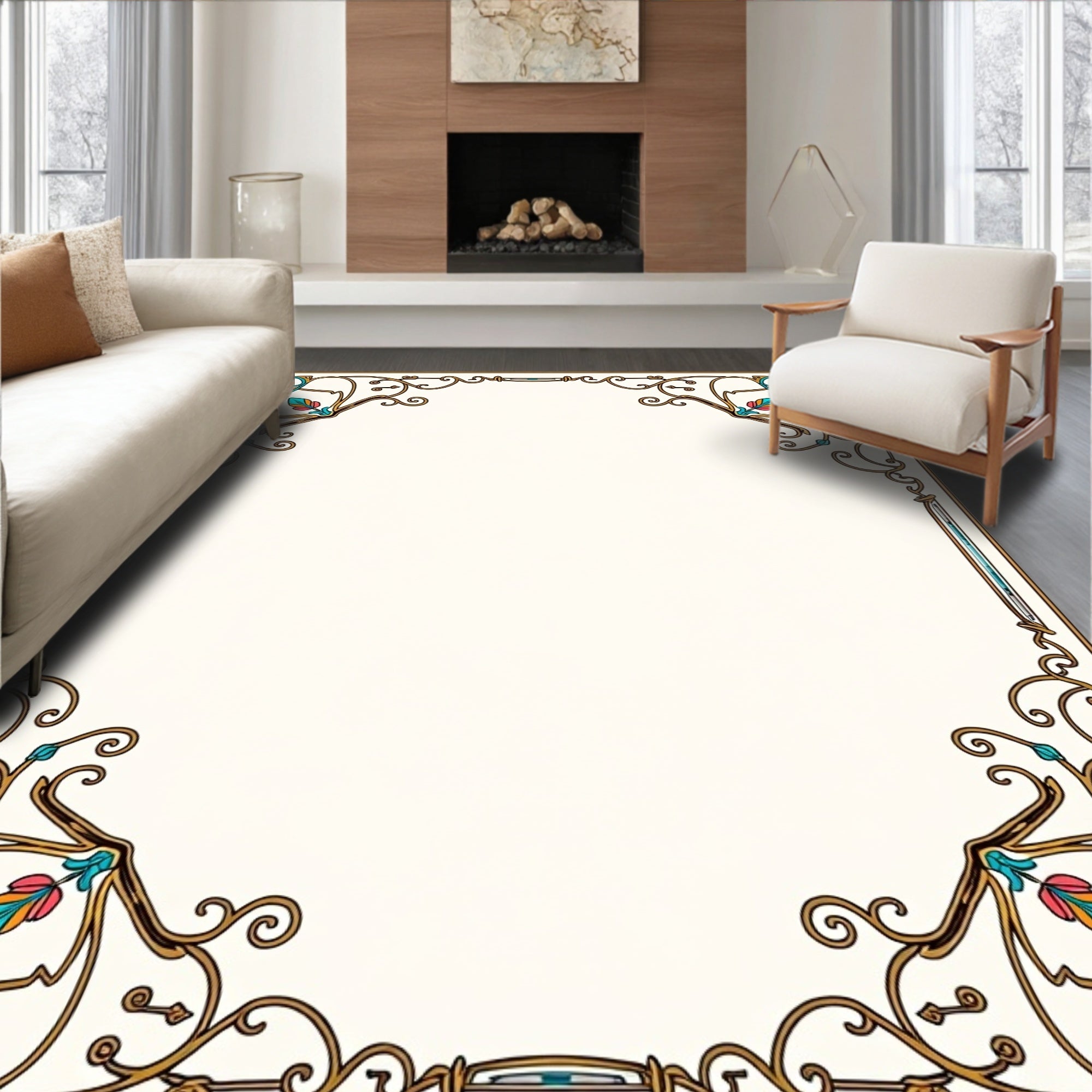 Ornate Golden Teal Floral Frame Rug