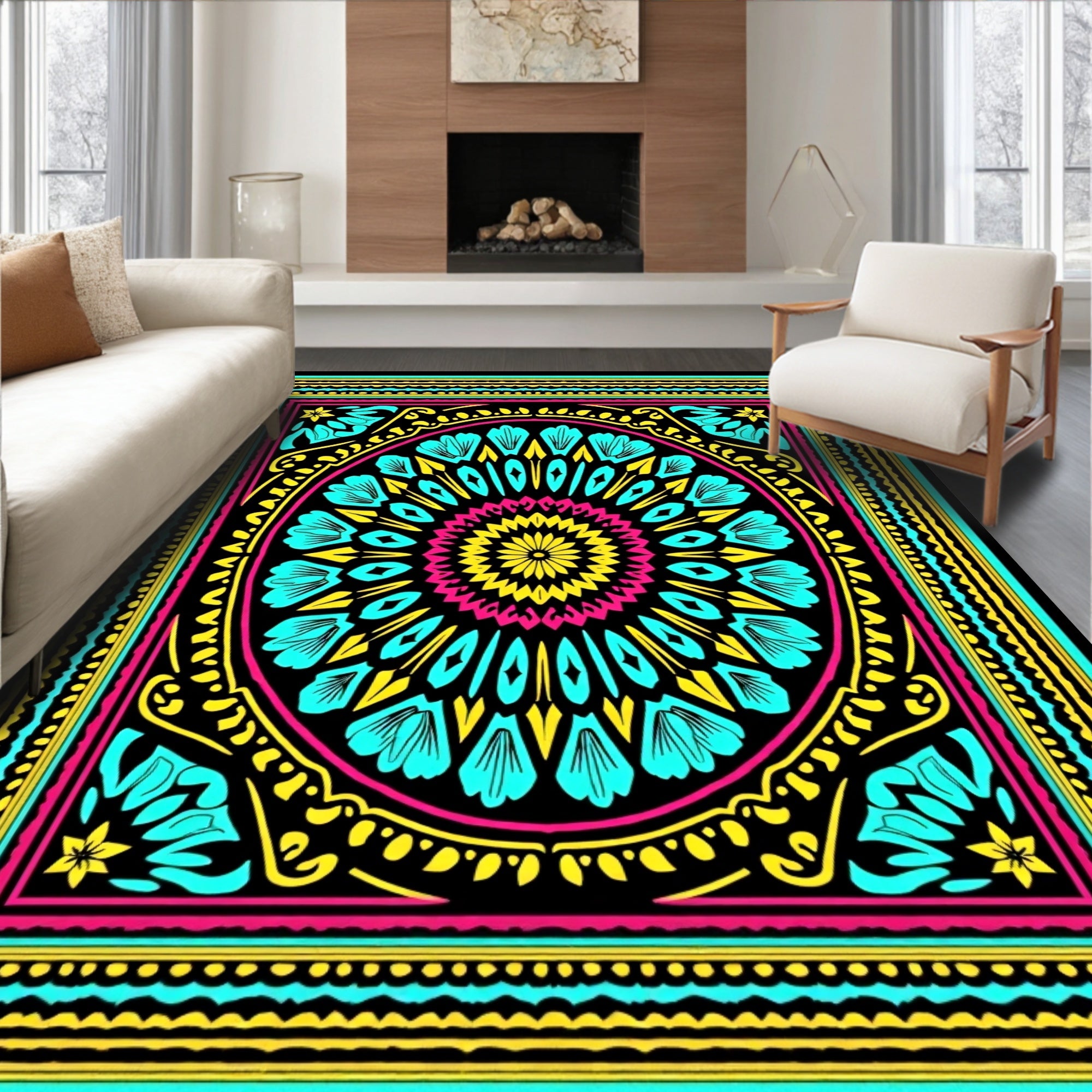Vibrant Floral Mandala Style Pattern Rug