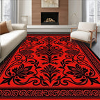 Bold Red Black Floral Pattern Rug