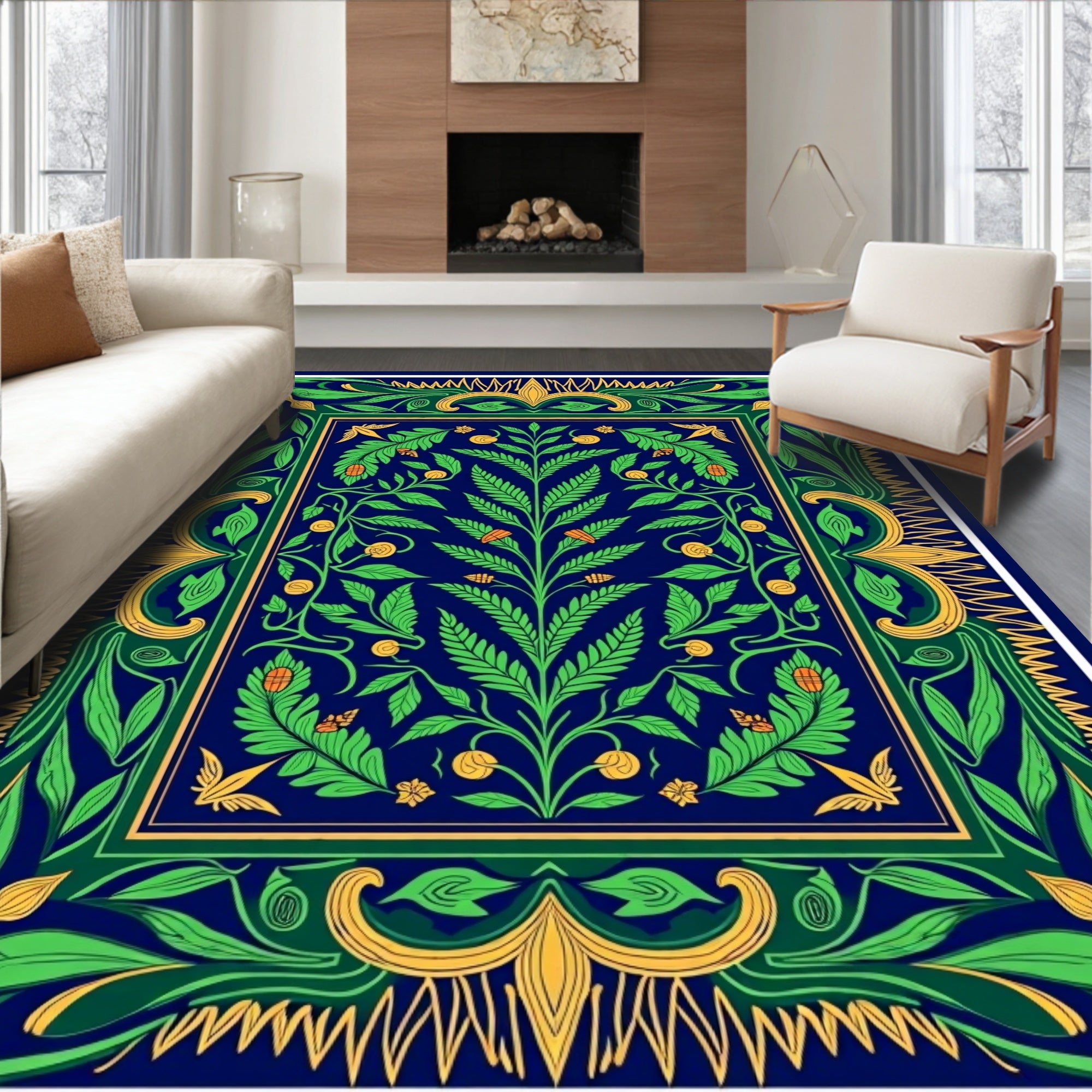 Deep Blue Emerald Garden Foliage Rug