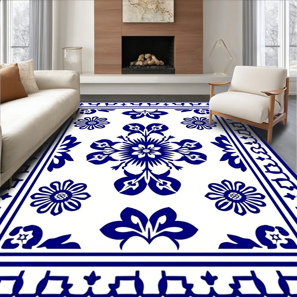 Elegant Blue Floral Motif Decor Rug