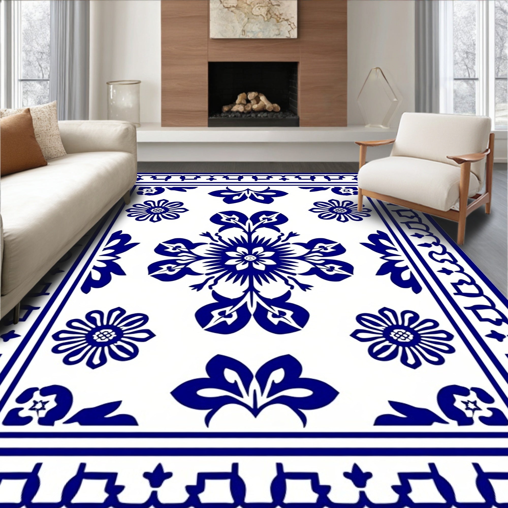 Elegant Blue Floral Motif Decor Rug