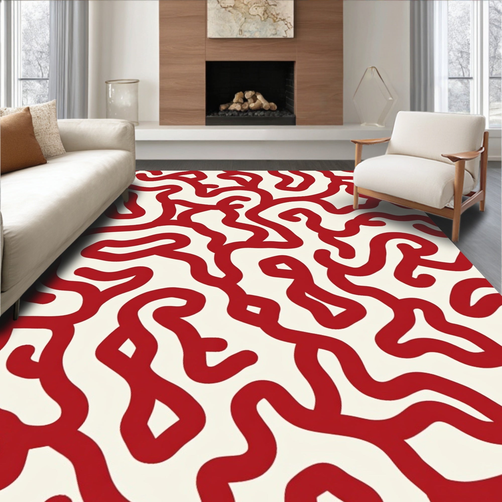 Crimson Swirl Continuous Line Pattern Rug