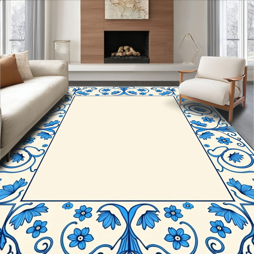 Blue Floral Swirl Border Pattern Rug