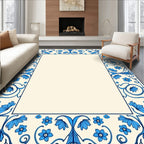 Blue Floral Swirl Border Pattern Rug