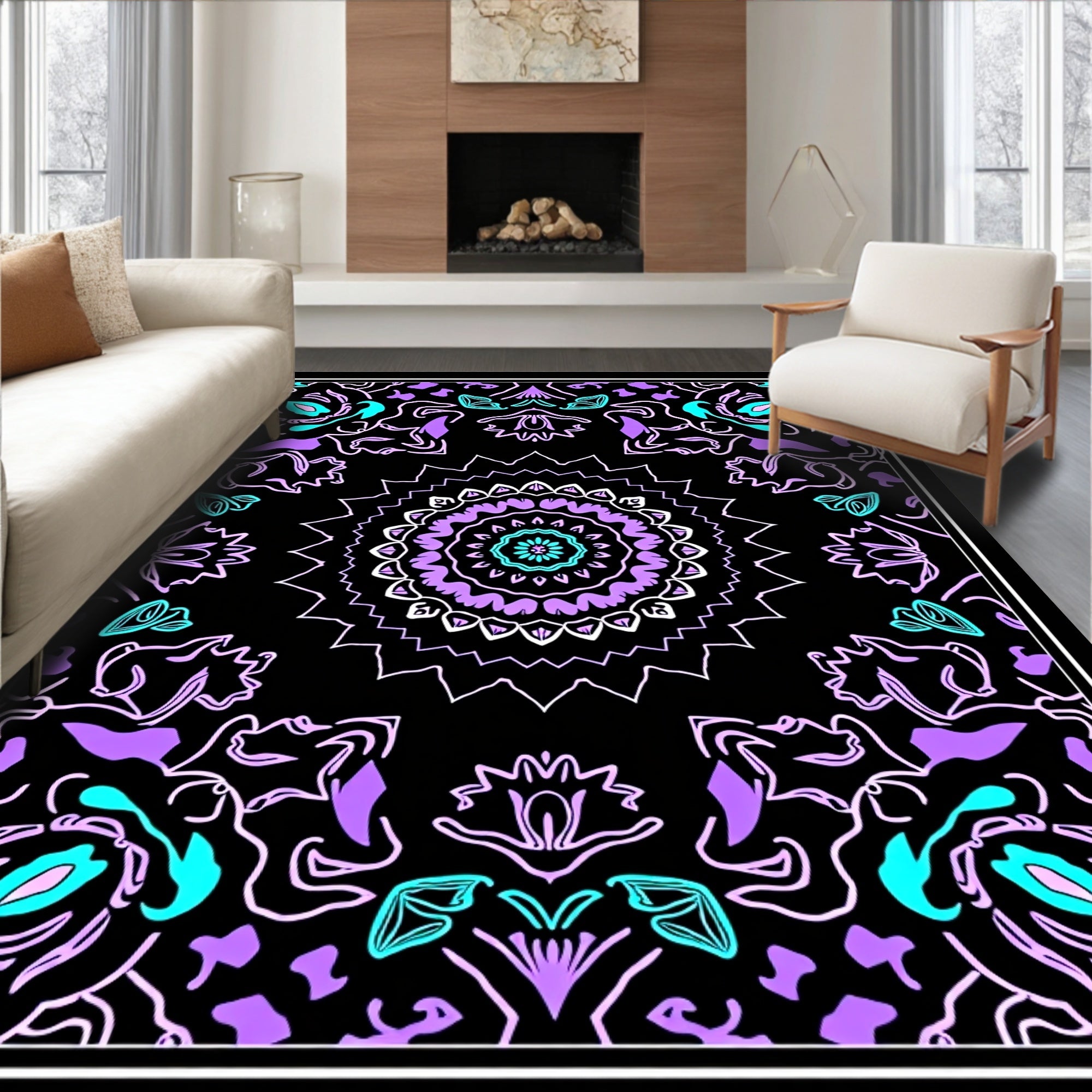 Vibrant Purple Teal Mandala Black Rug