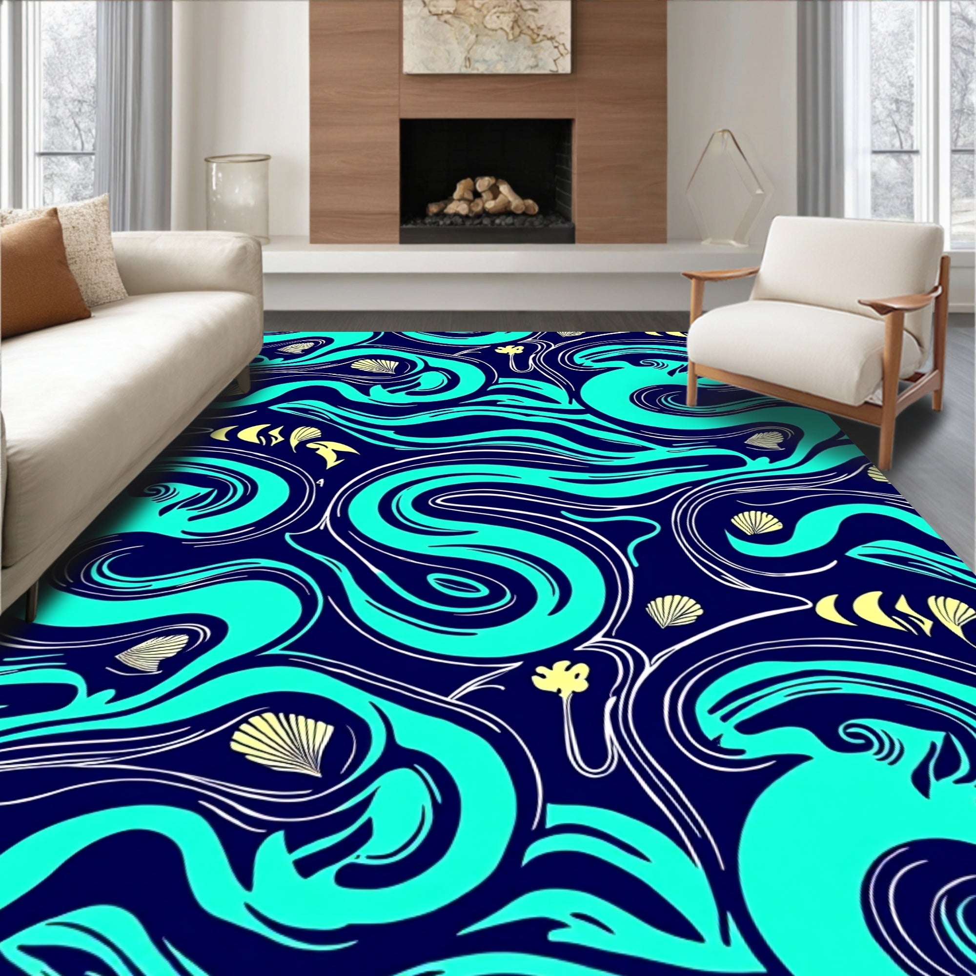 Oceanic Swirls Shells Pattern Rug