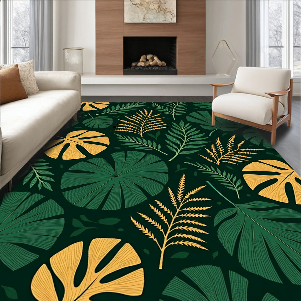 Emerald Yellow Tropical Leaf Pattern Rug