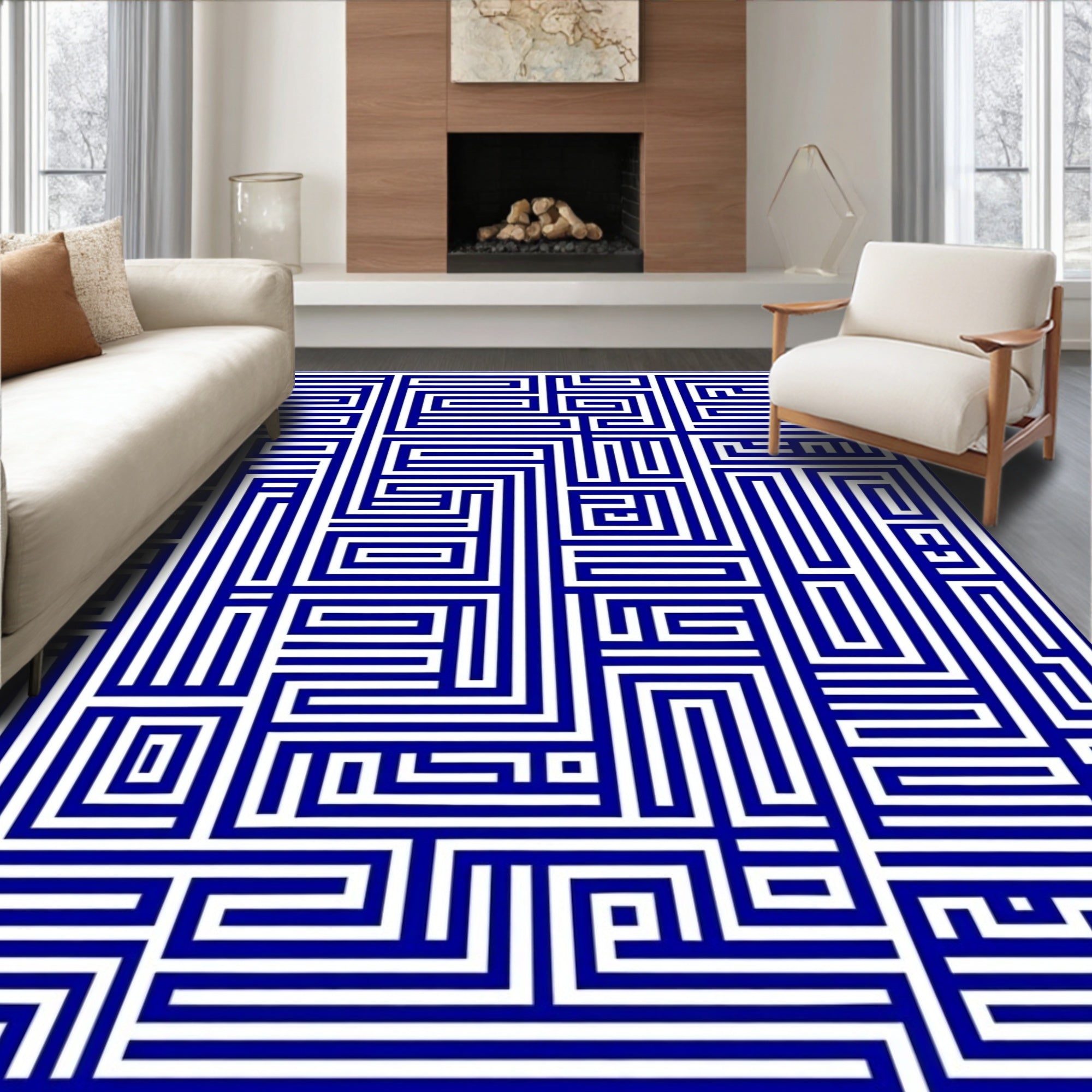 Navy White Geometric Maze Pattern Rug