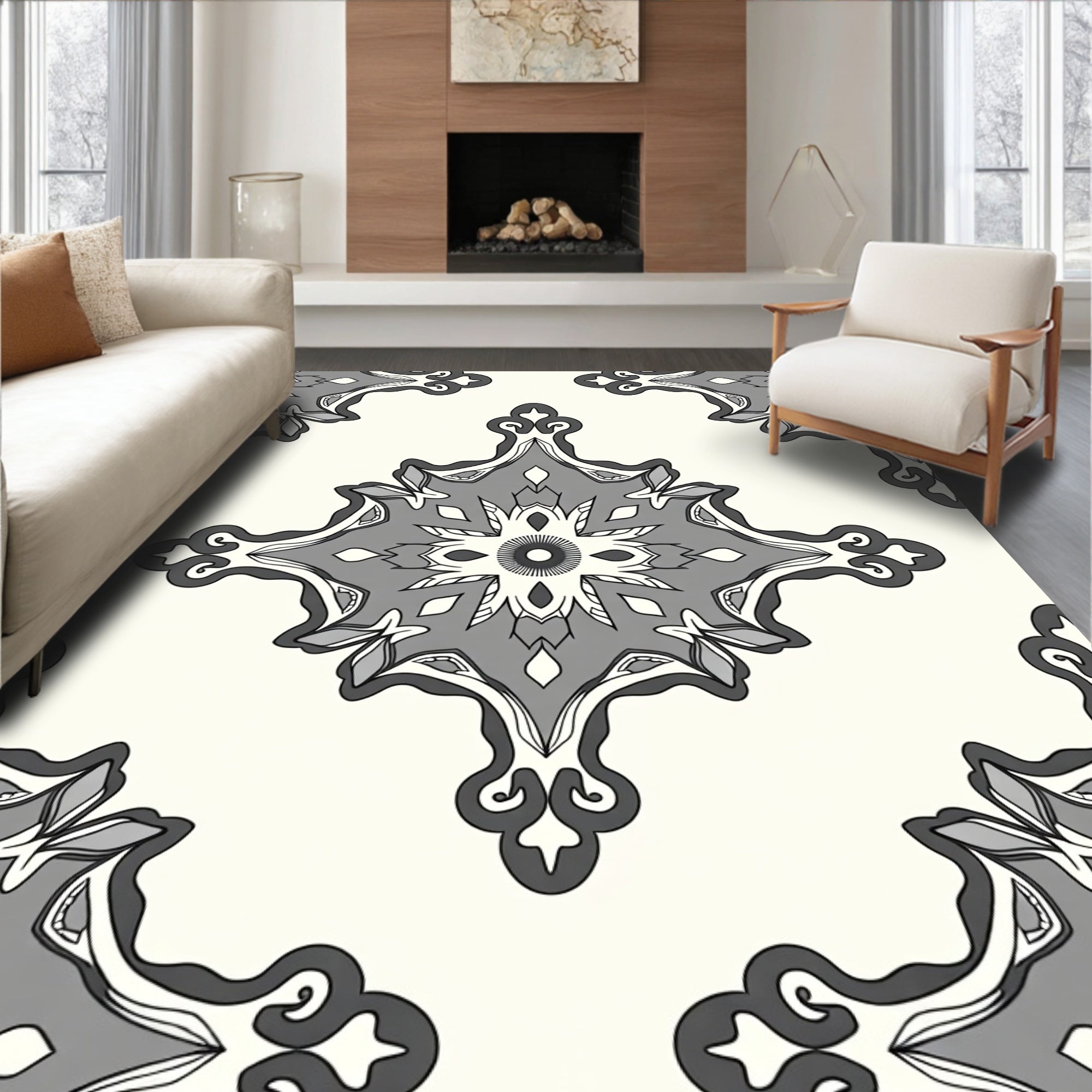 Contemporary Grey Floral Medallion Rug