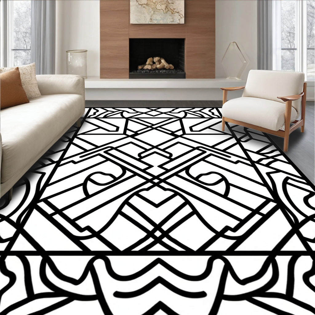 Art Deco Geometric Black White Pattern Rug