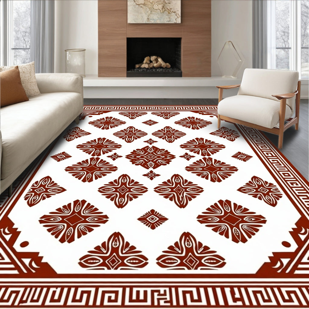 Rich Brown Geometric Medallion Border Rug