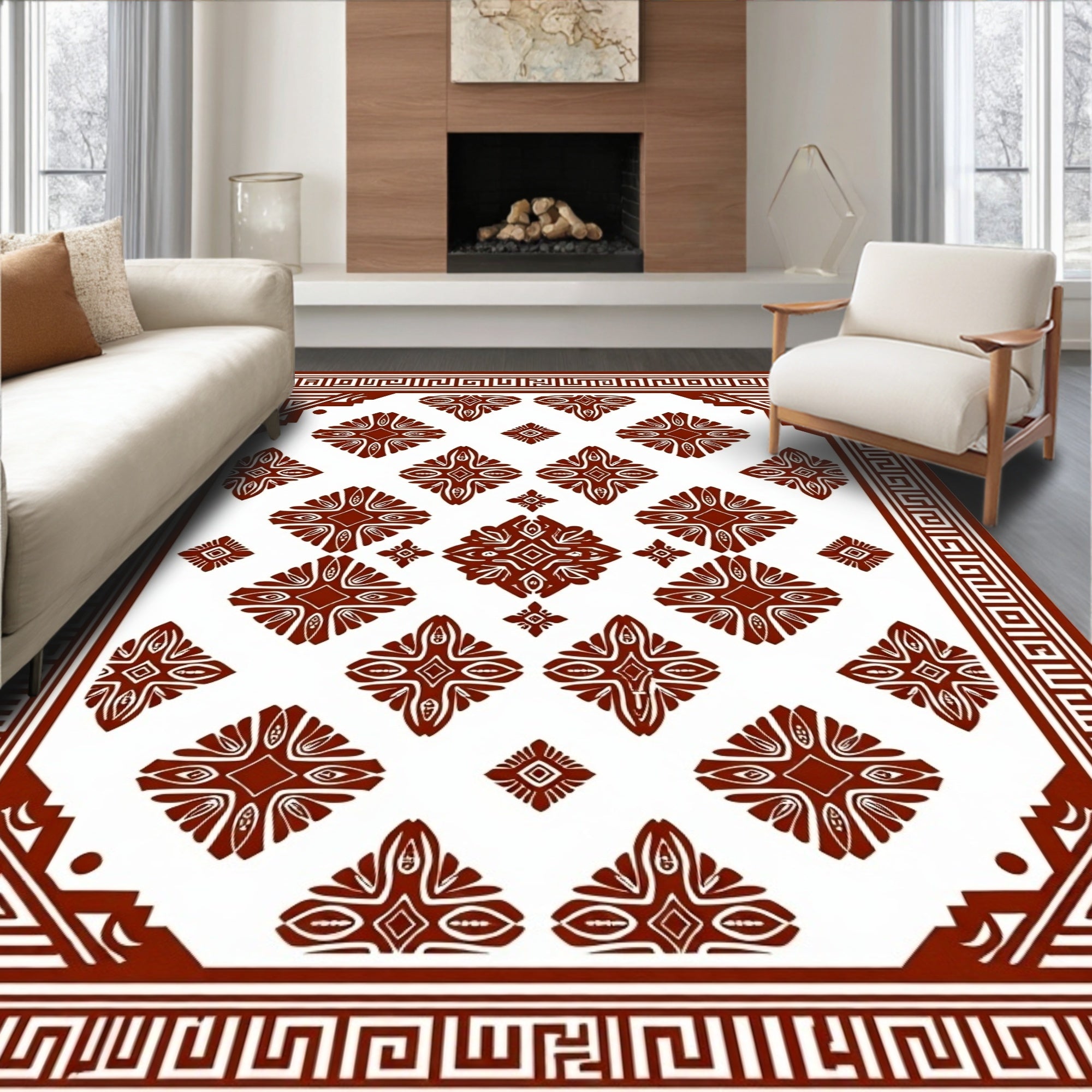 Rich Brown Geometric Medallion Border Rug
