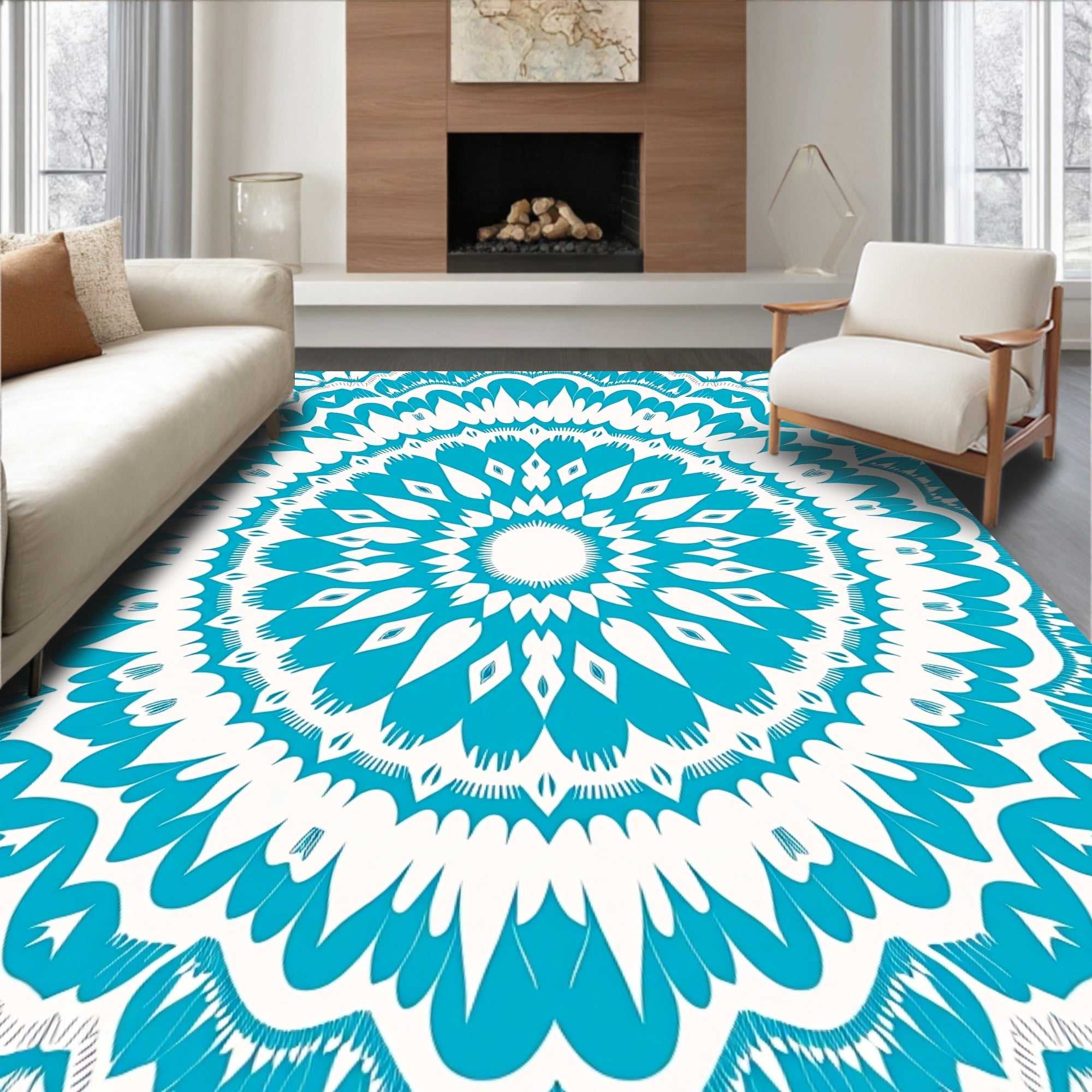 Turquoise Intricate Sunburst Mandala Design Rug