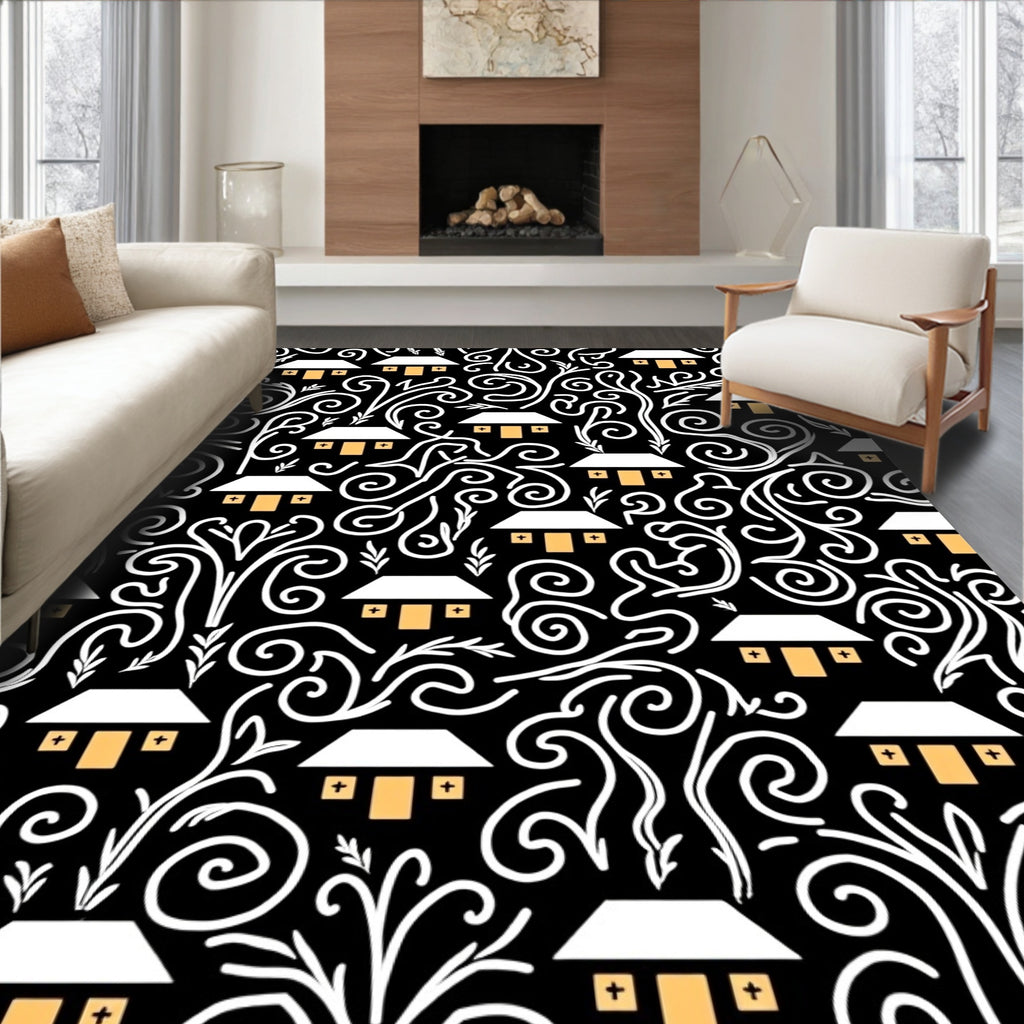 White Houses Black Swirls Organic Art Rug
