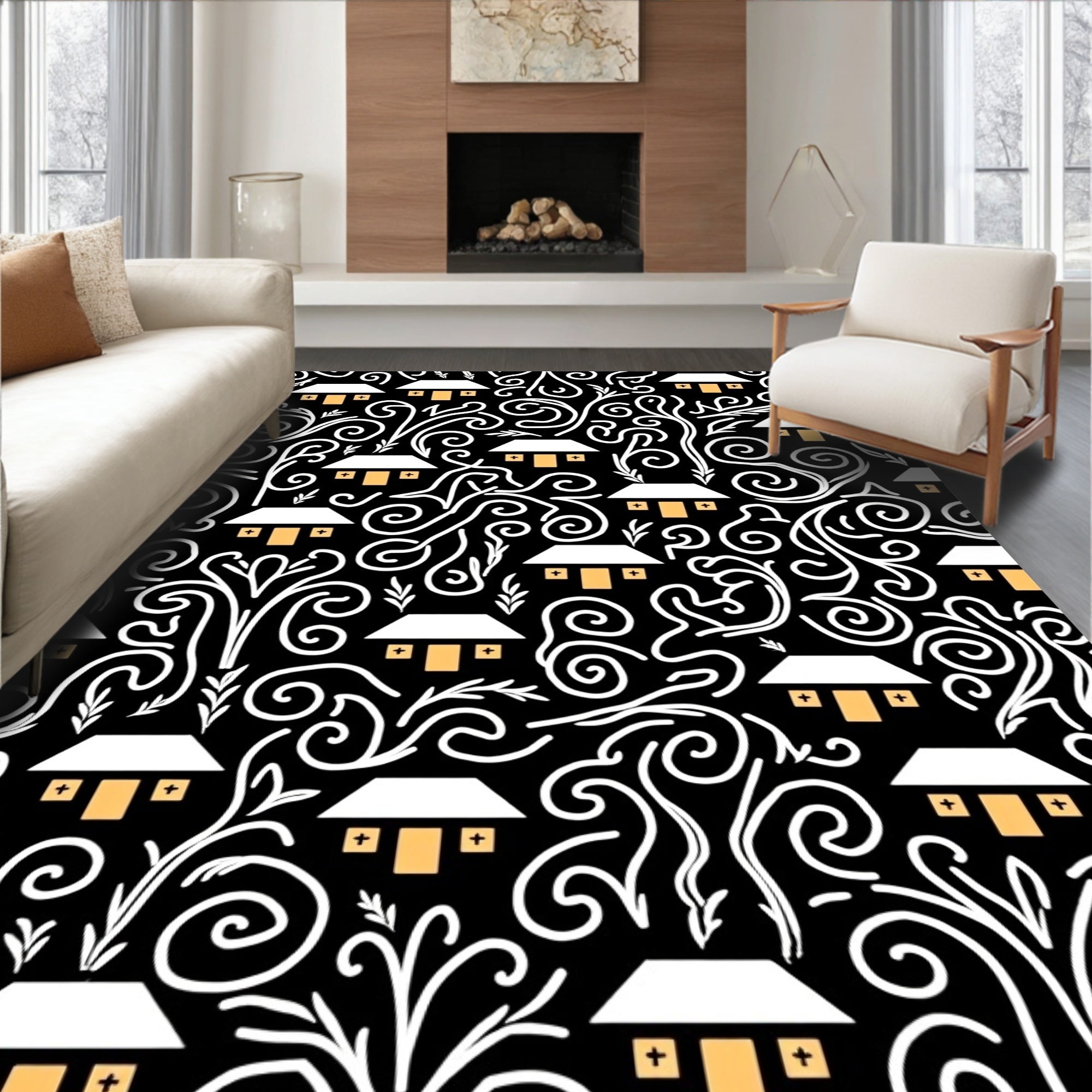 White Houses Black Swirls Organic Art Rug