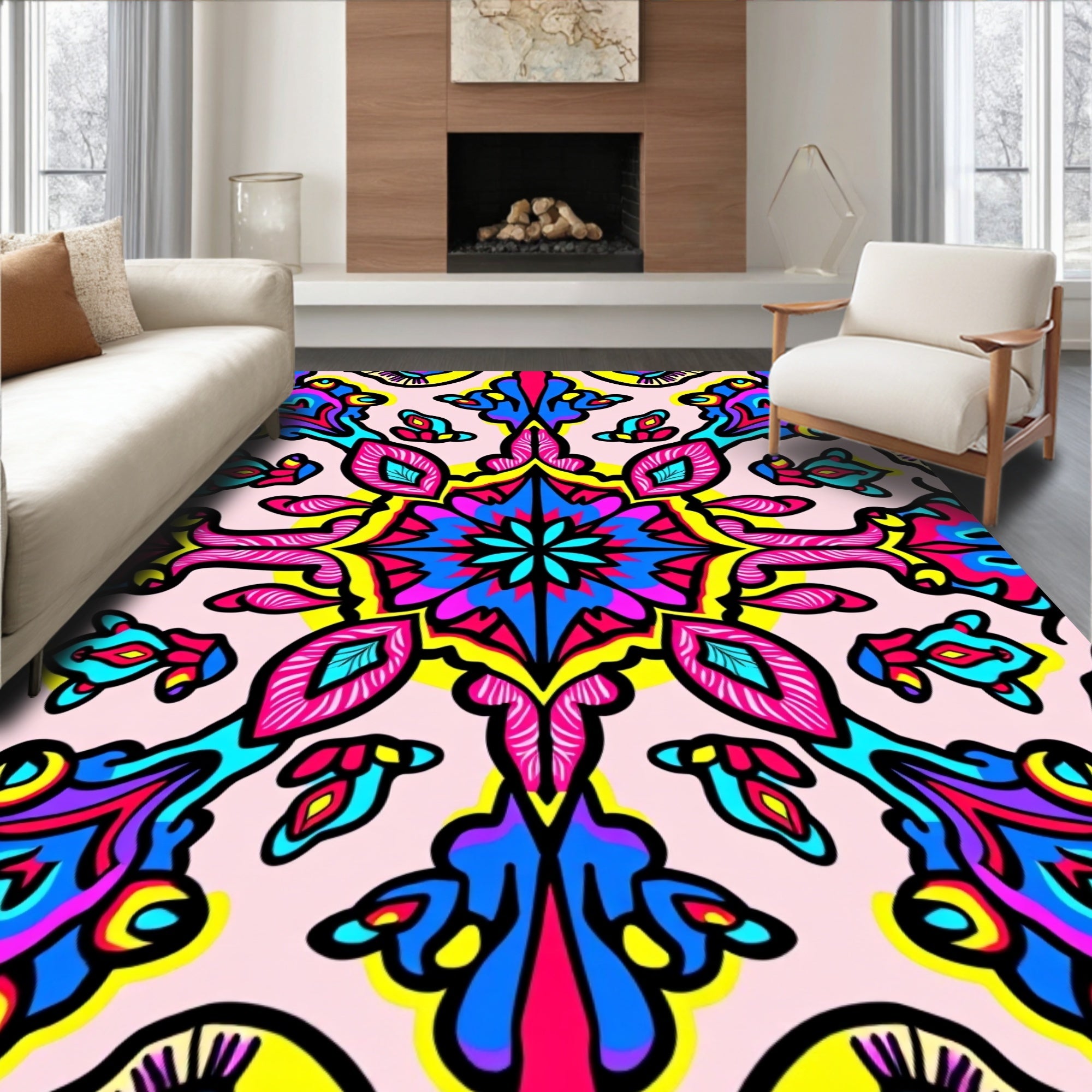 Vibrant Teal Blue Magenta Yellow Pattern Design Rug