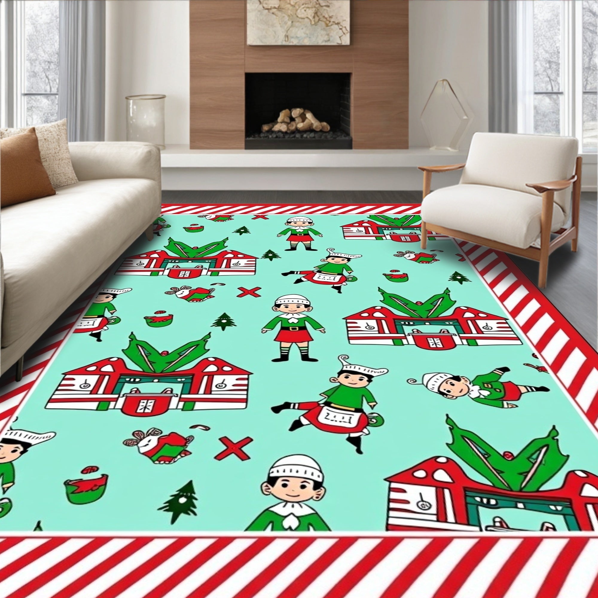Festive Elf Holiday Scene Rug