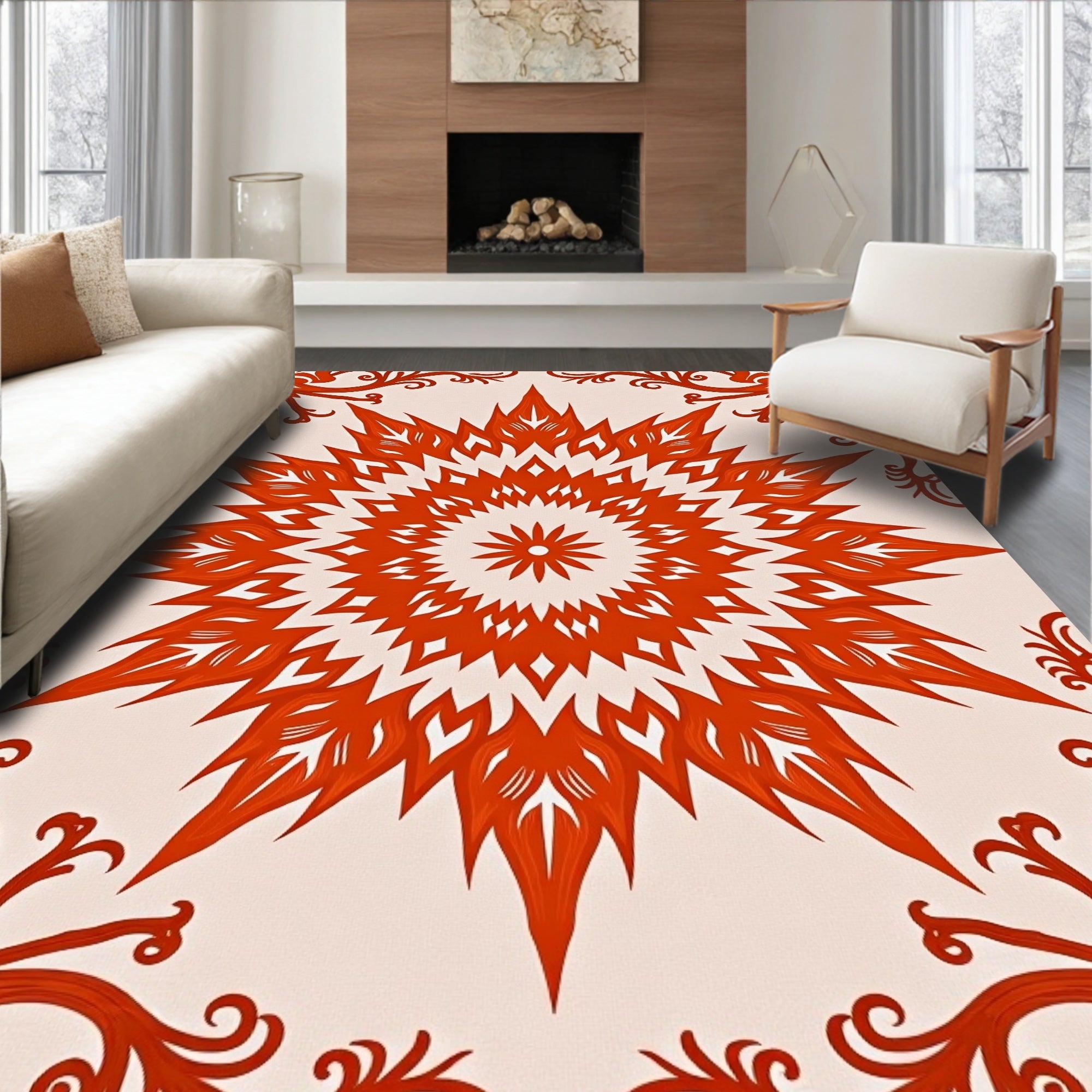 Bold Red Beige Mandala Motif Rug