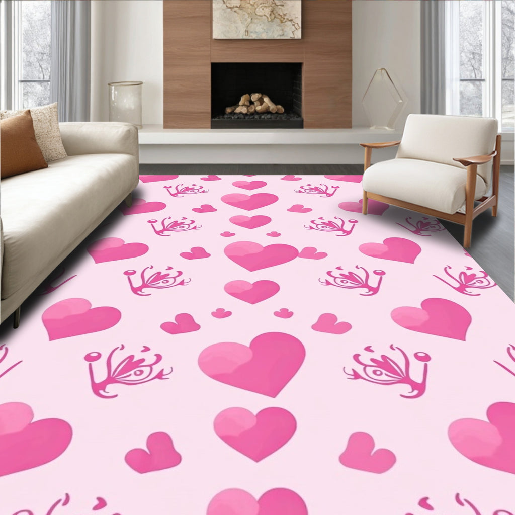 Pink Heart Floral Pattern Rug