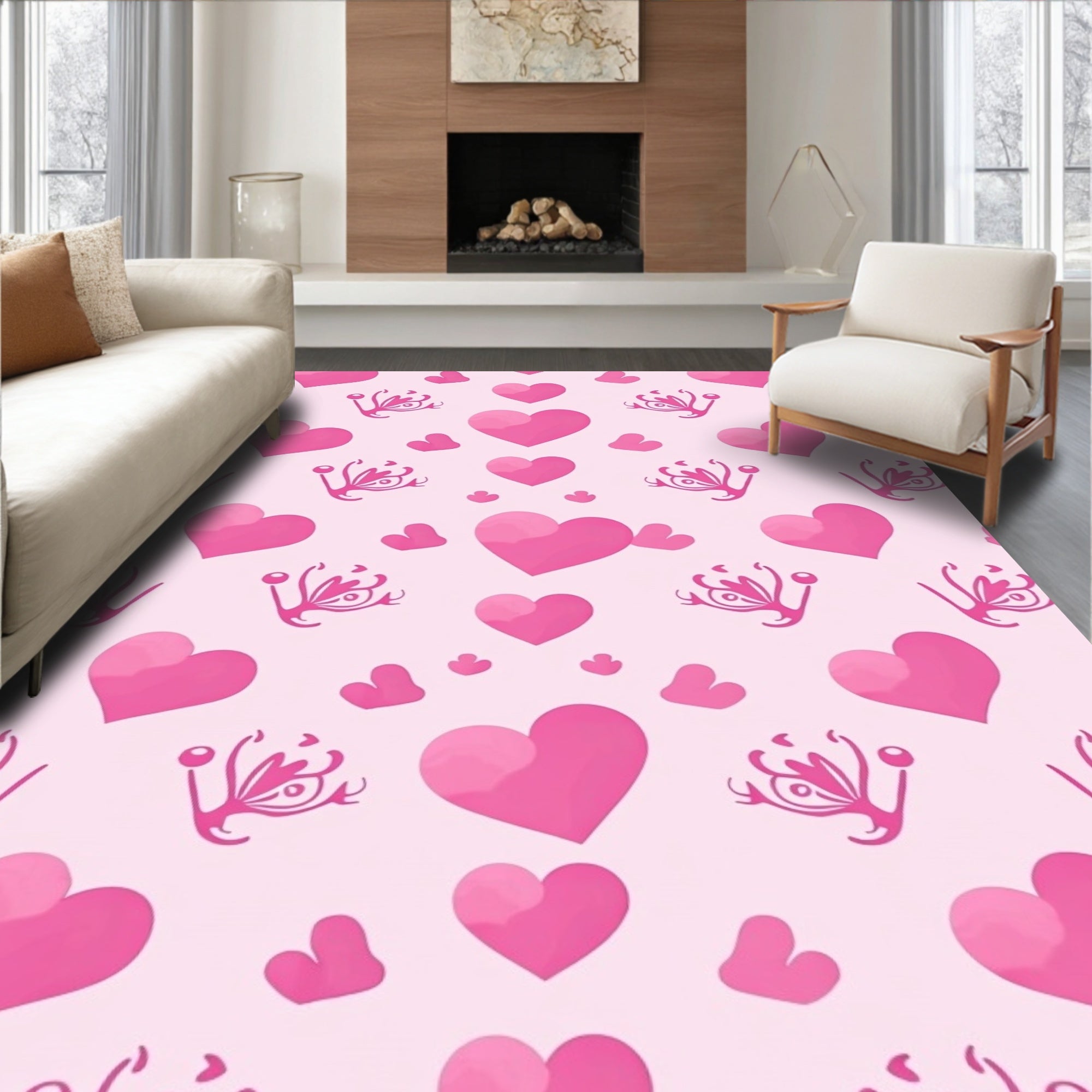 Pink Heart Floral Pattern Rug