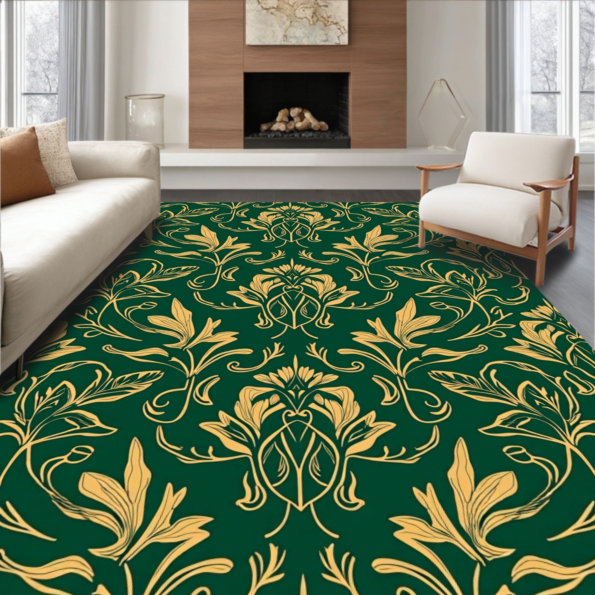 Green Gold Floral Vine Pattern Rug