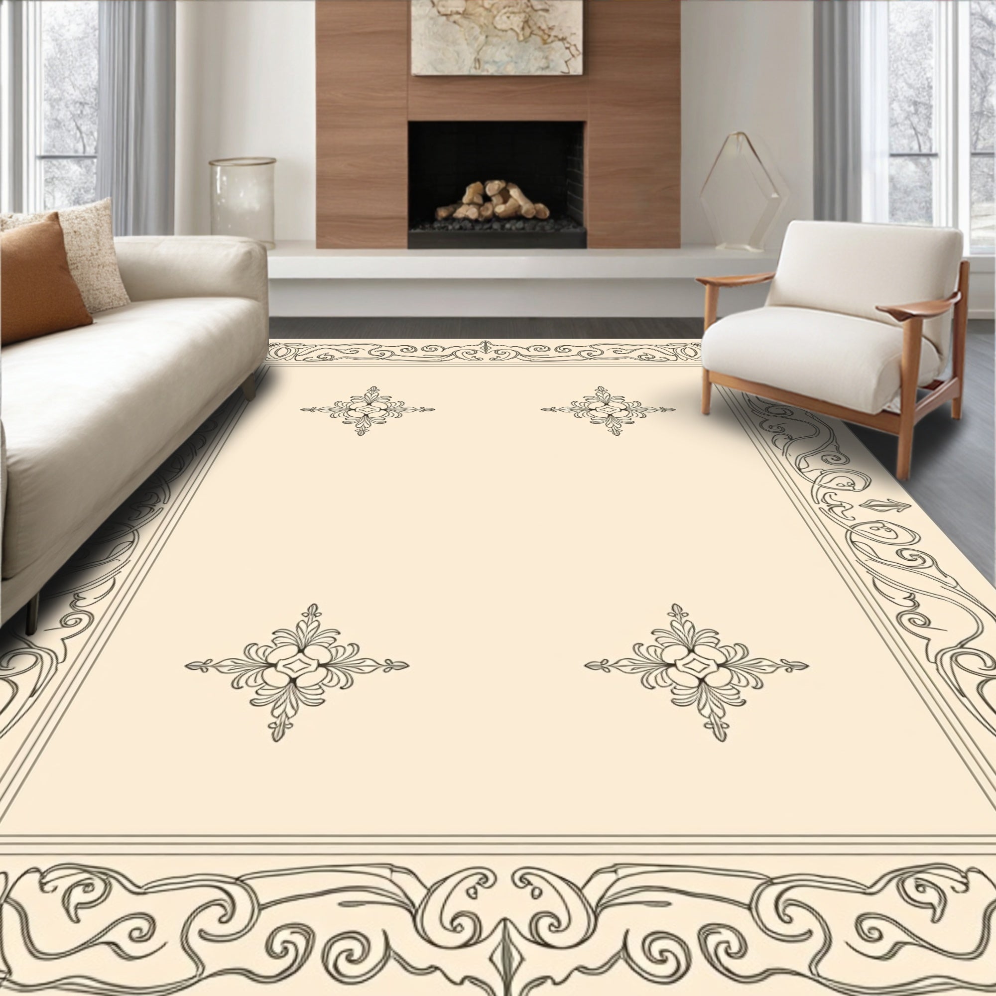 Elegant Scrollwork and Floral Medallion Pattern Rug