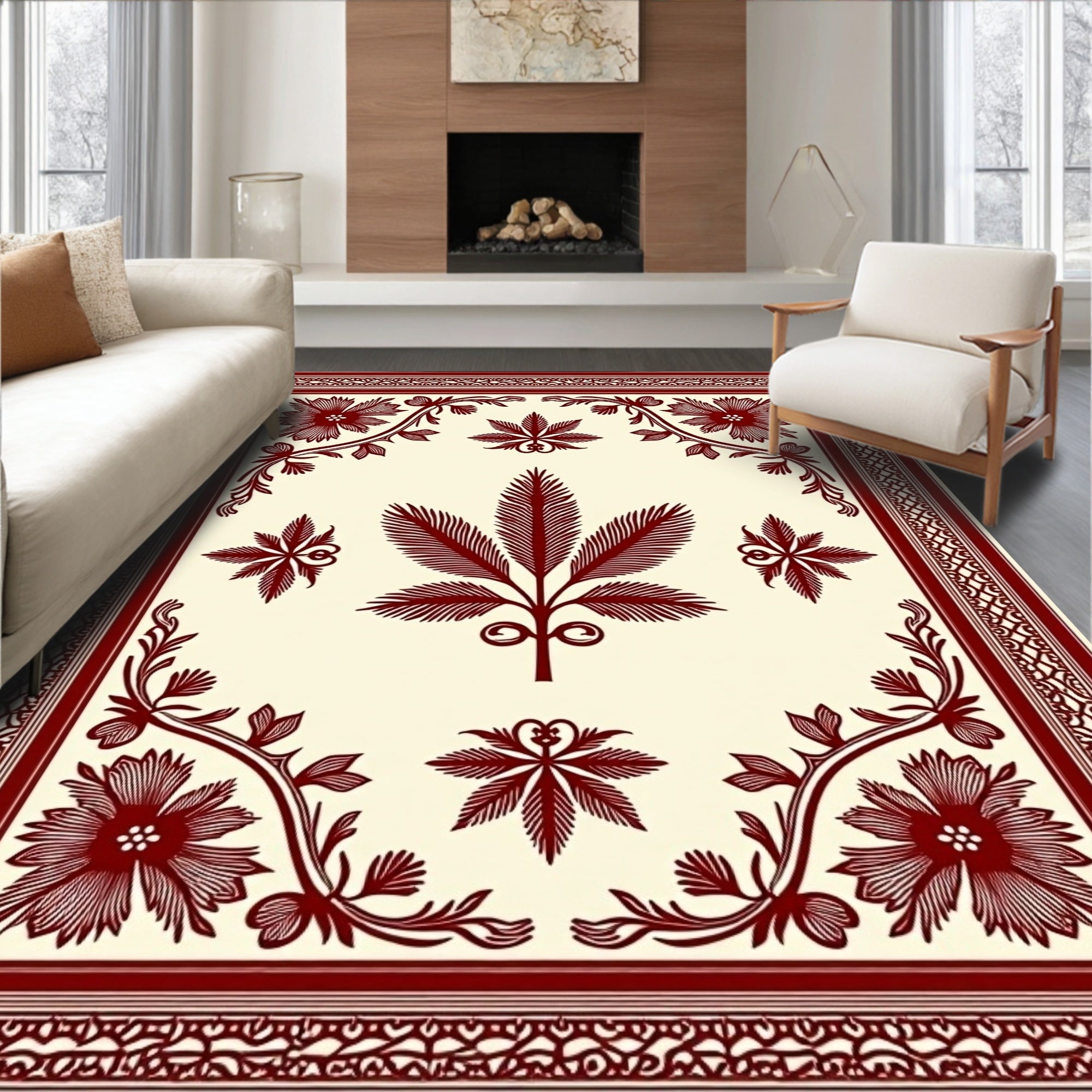 Maroon Floral and Leaf Pattern Design Rug