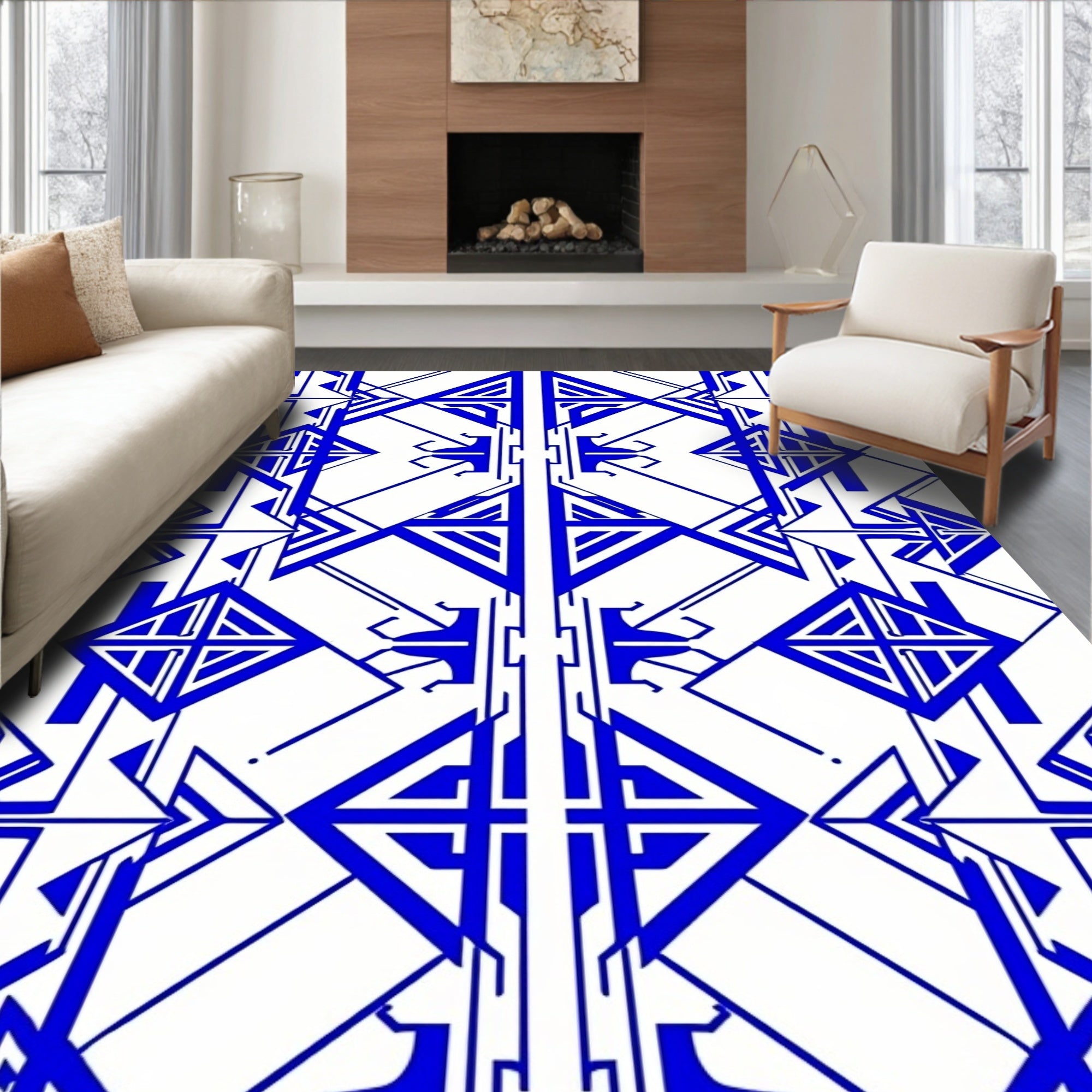 Symmetrical Blue Linear Geometric Style Rug