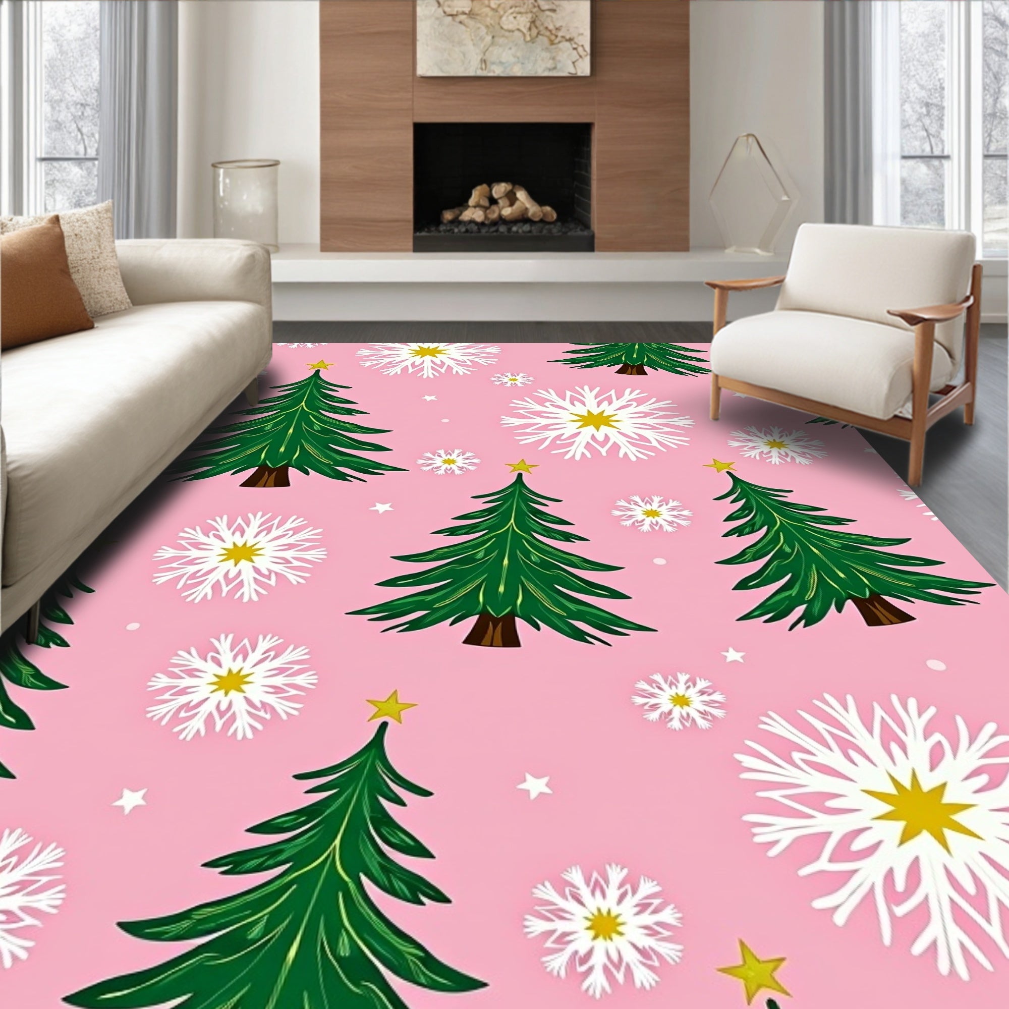 Pink Christmas Tree Snowflake Repeating Pattern Rug