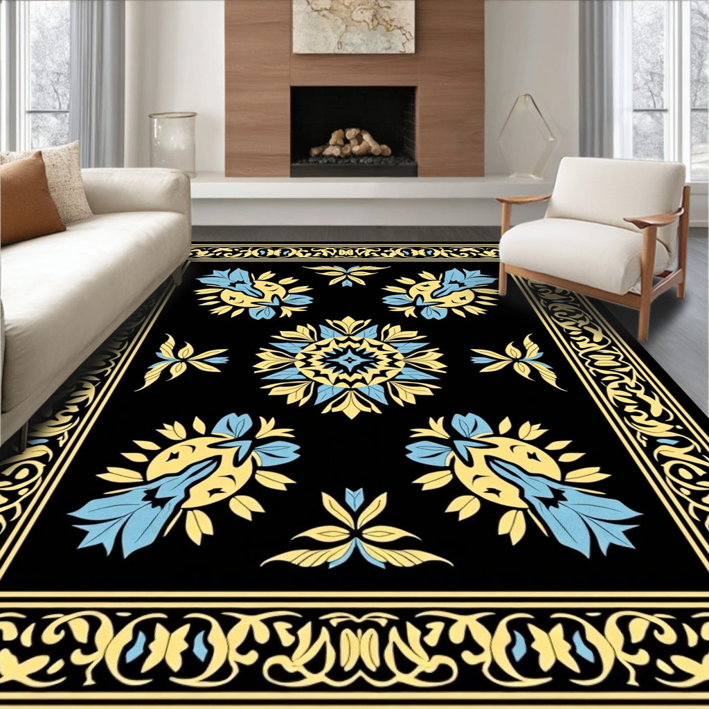 Artistic Black Yellow Blue Floral Design Rug