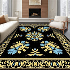 Artistic Black Yellow Blue Floral Design Rug