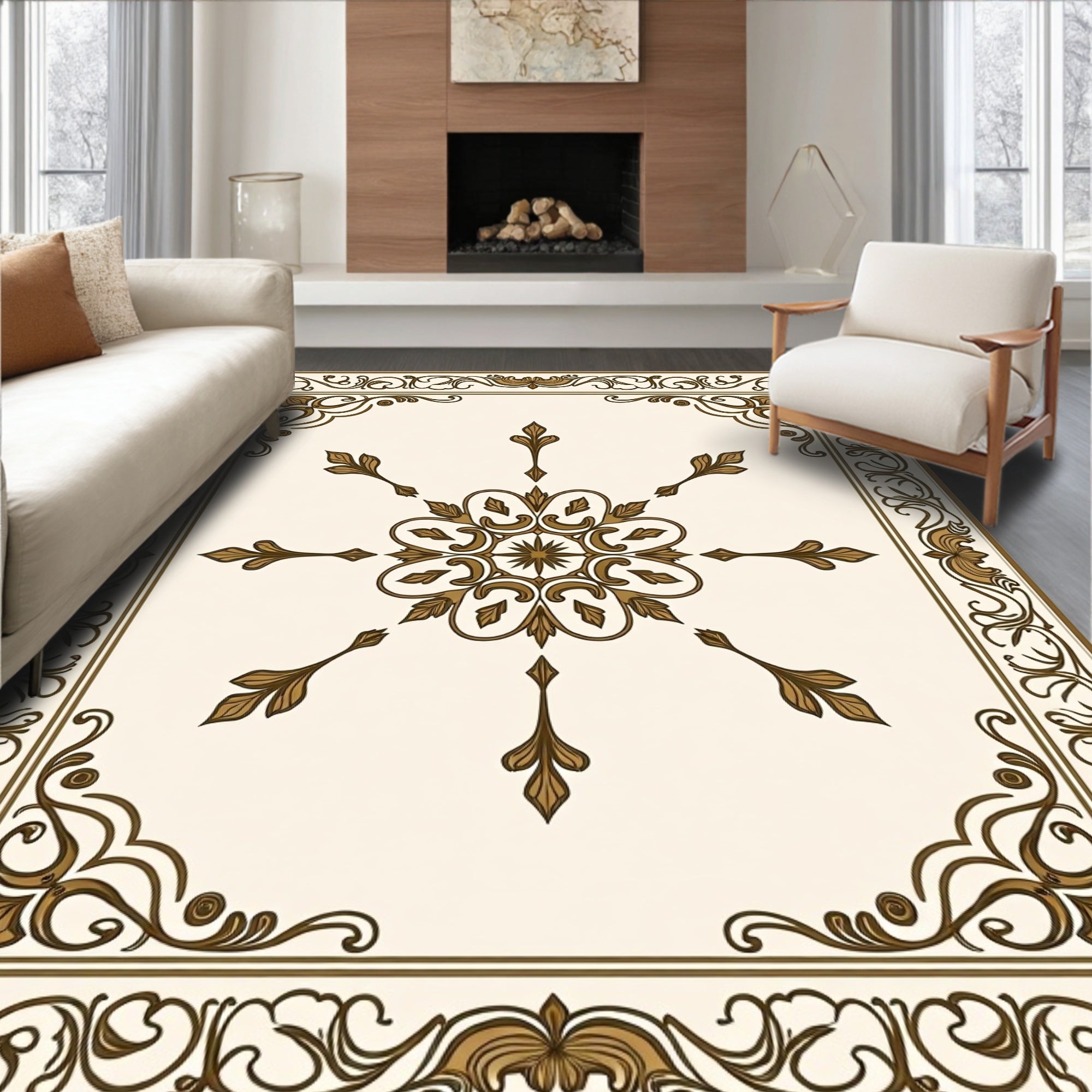 Ornate Floral Centerpiece Border Design Rug