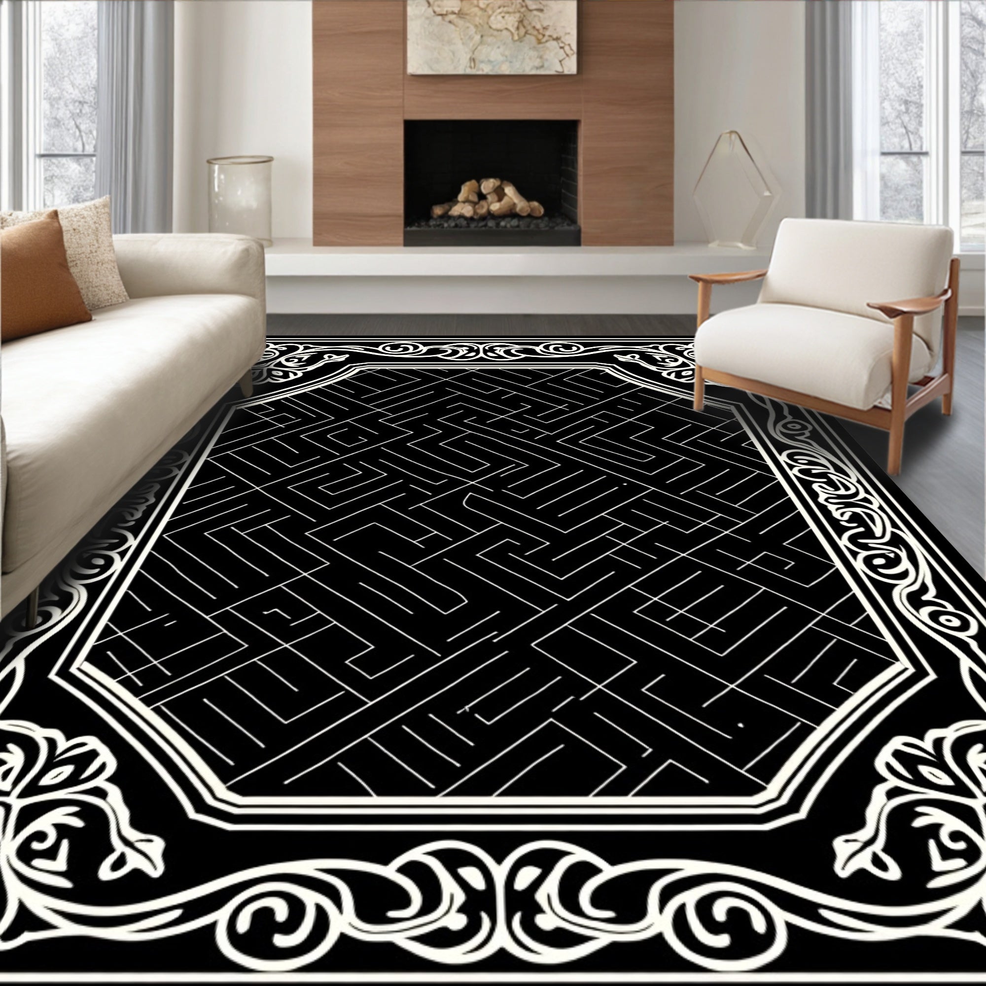 Black White Maze Patterned Border Rug
