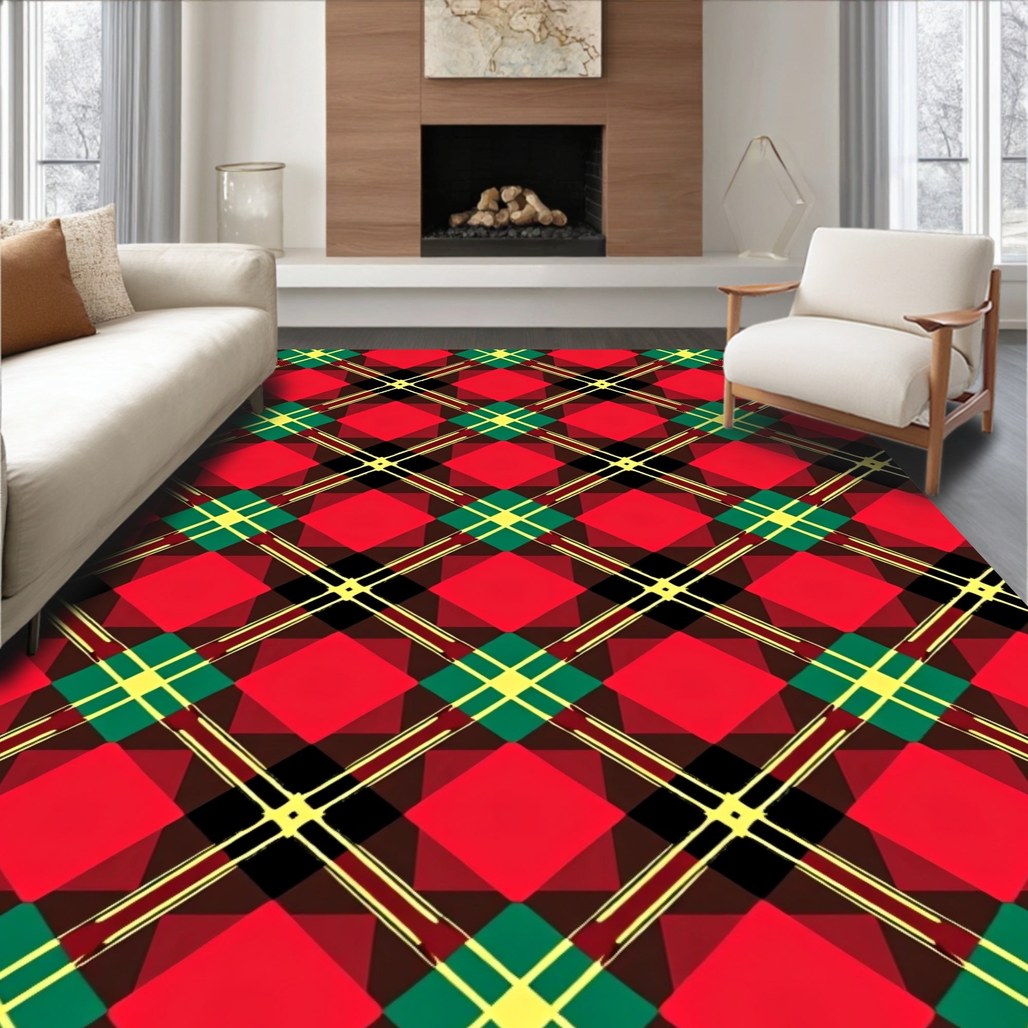 Classic Red Green Yellow Plaid Pattern Rug