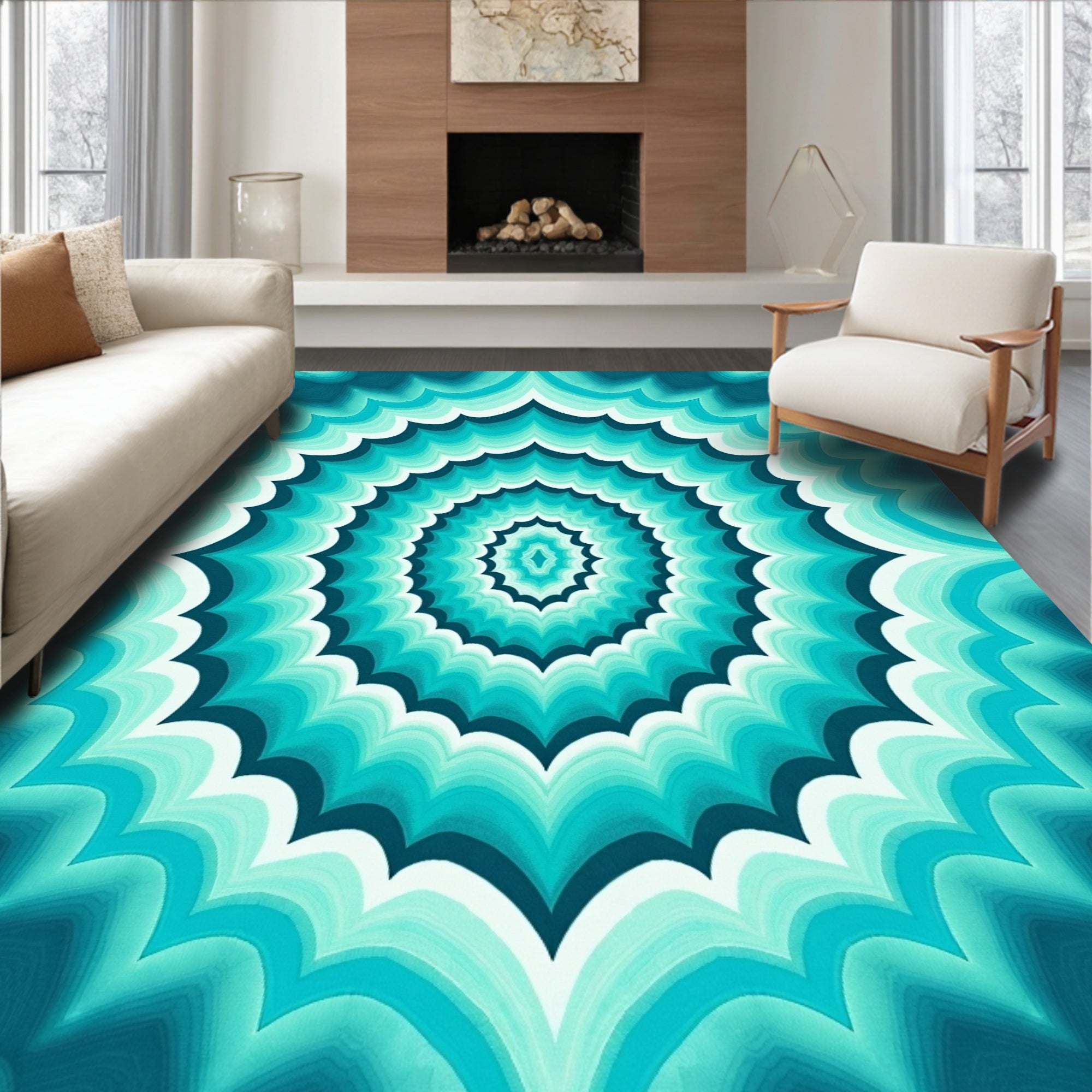 Teal Ocean Wave Radial Pattern Rug