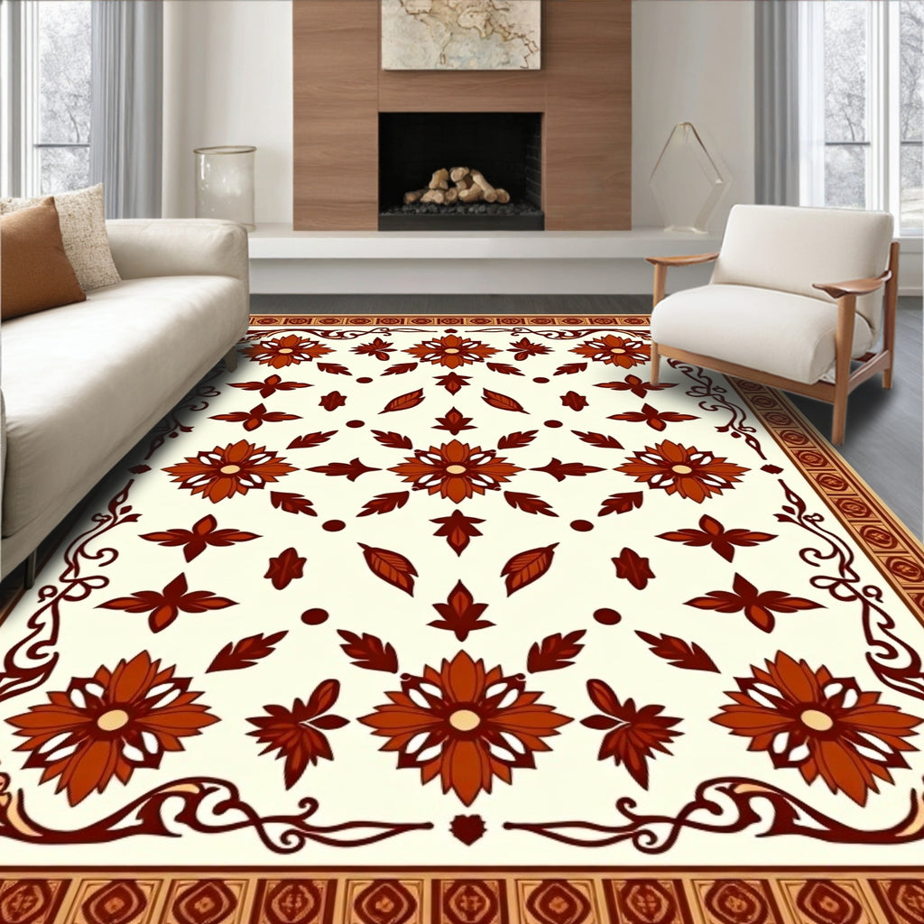 Terracotta Floral Leaf Pattern Rug