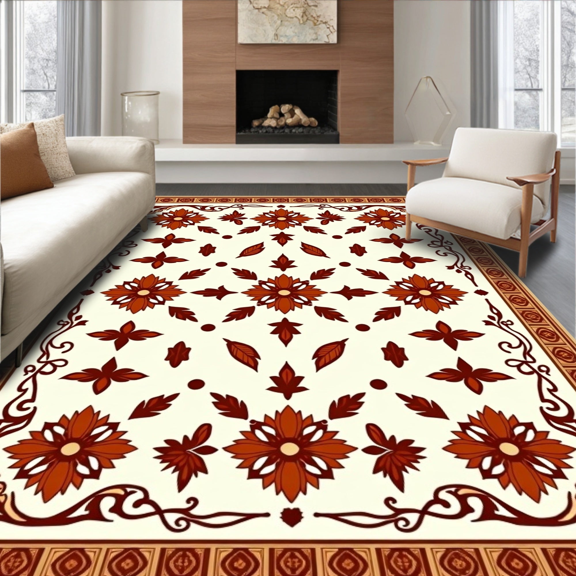Terracotta Floral Leaf Pattern Rug