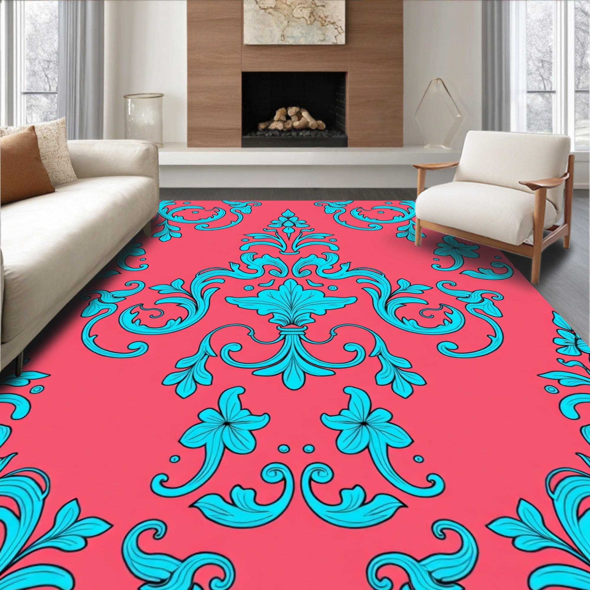 Turquoise Floral Damask Pattern Rug