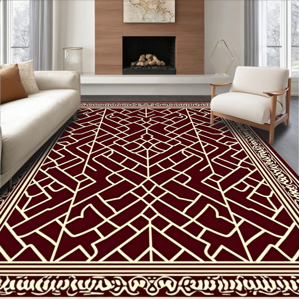 Deep Red Geometric Lattice Border Rug
