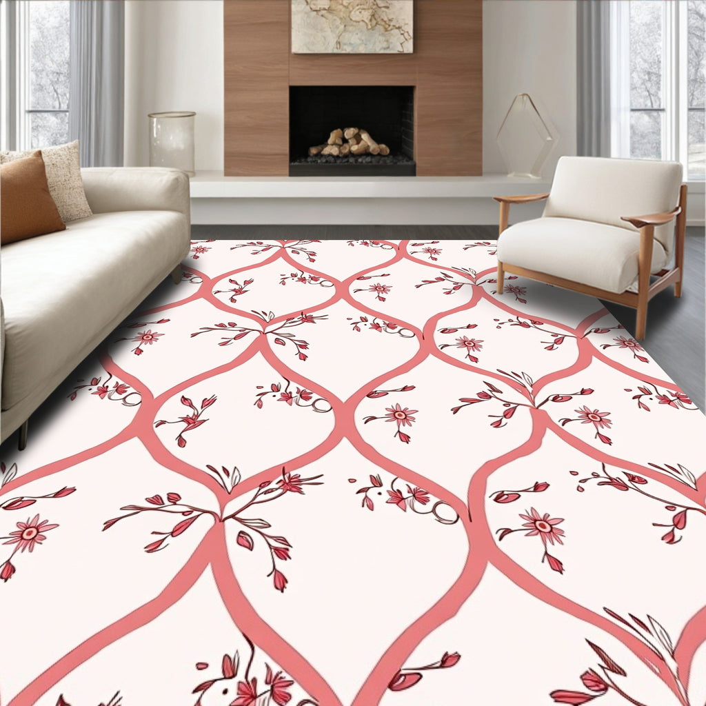 Coral Lattice Floral Pattern Rug