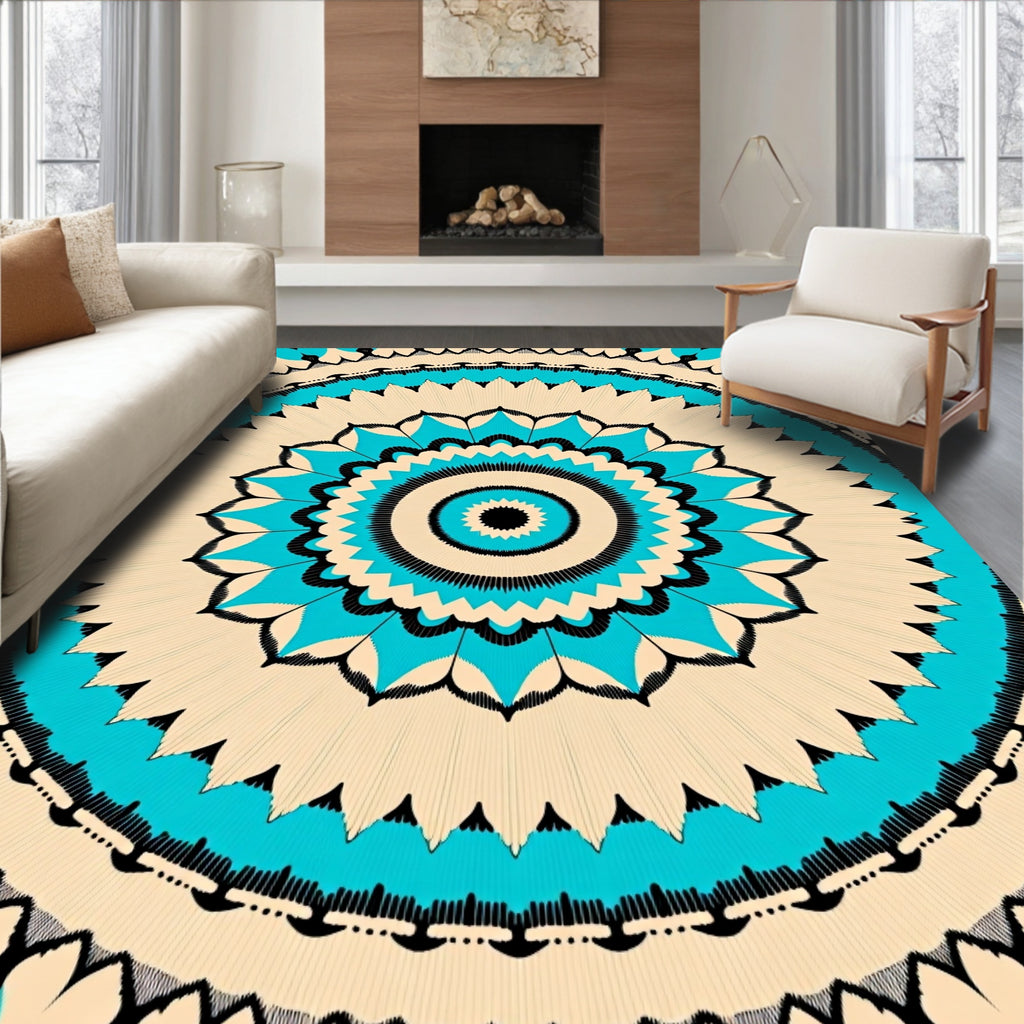 Radiant Circular Teal Floral Pattern Rug