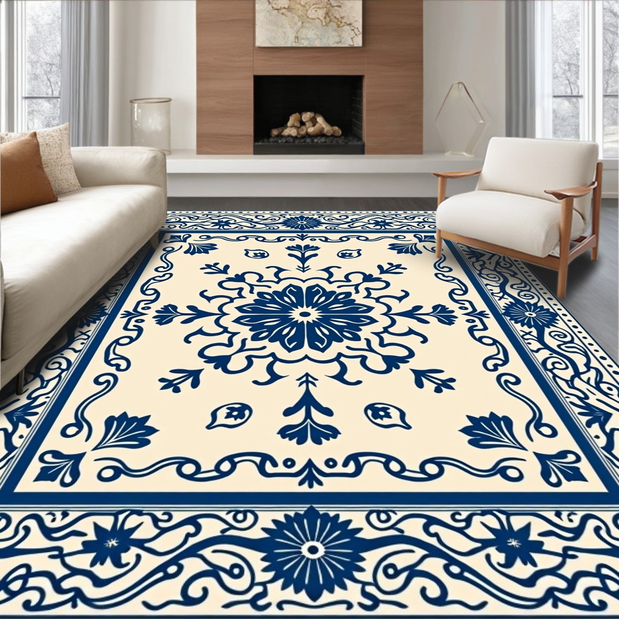 Intricate Dark Blue Floral Pattern Rug