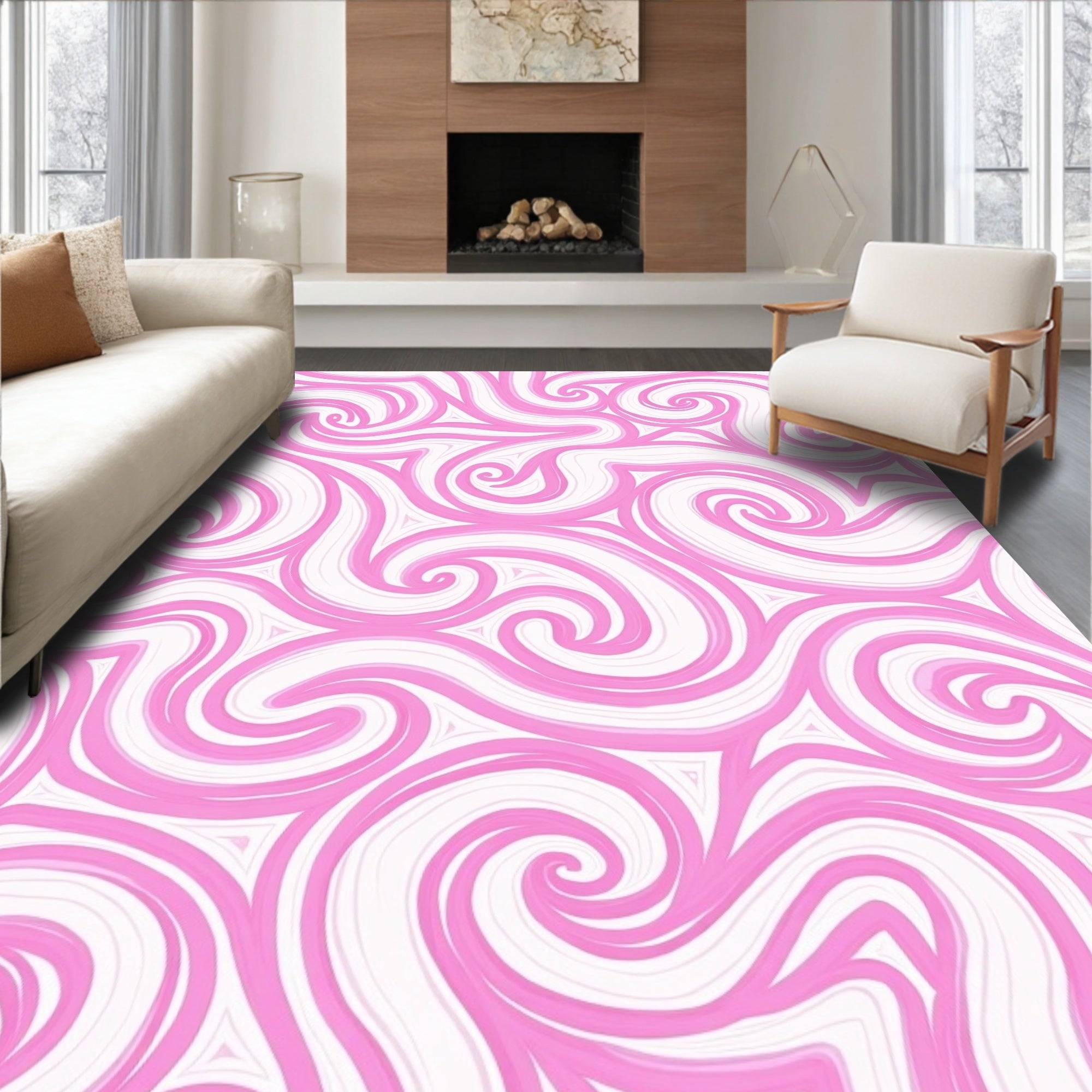 Pink Swirl Patterned Flowing Design Rug
