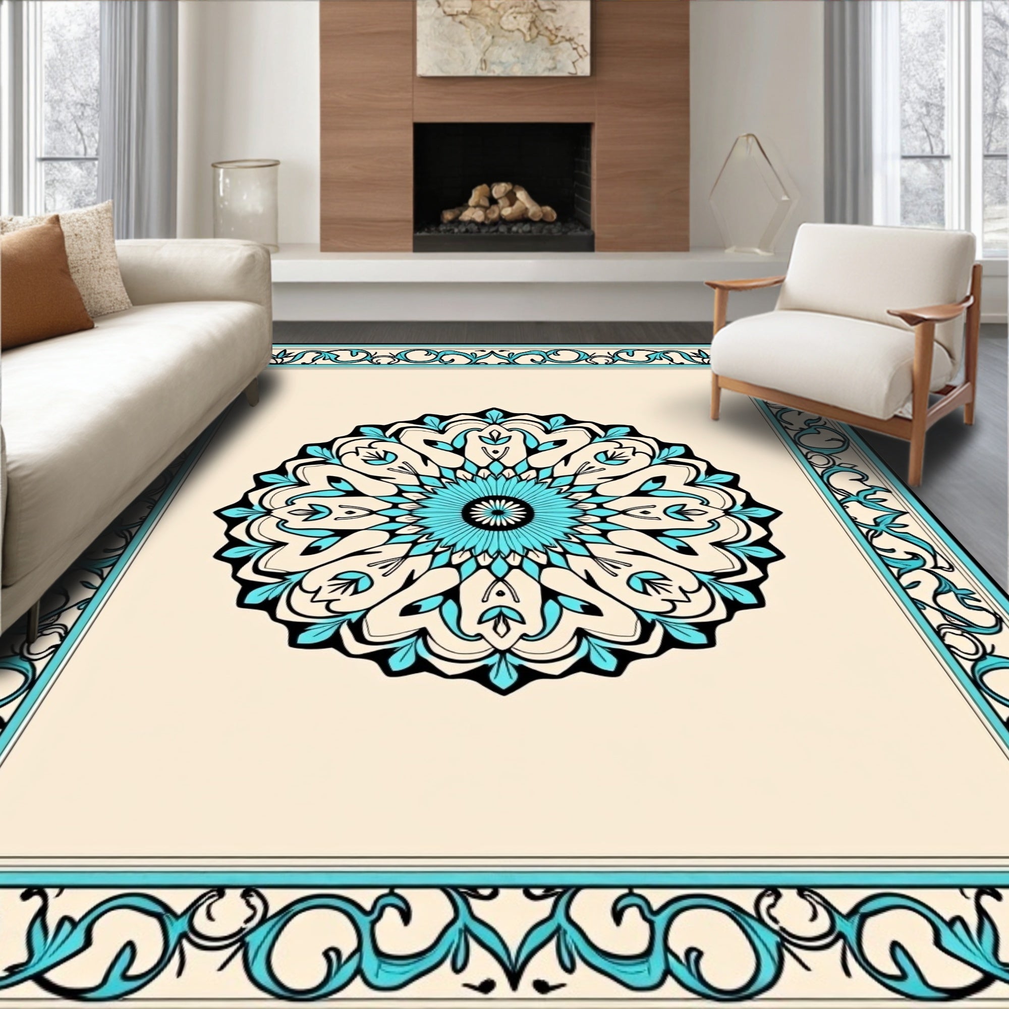 Intricate Cyan Mandala Border Design Rug