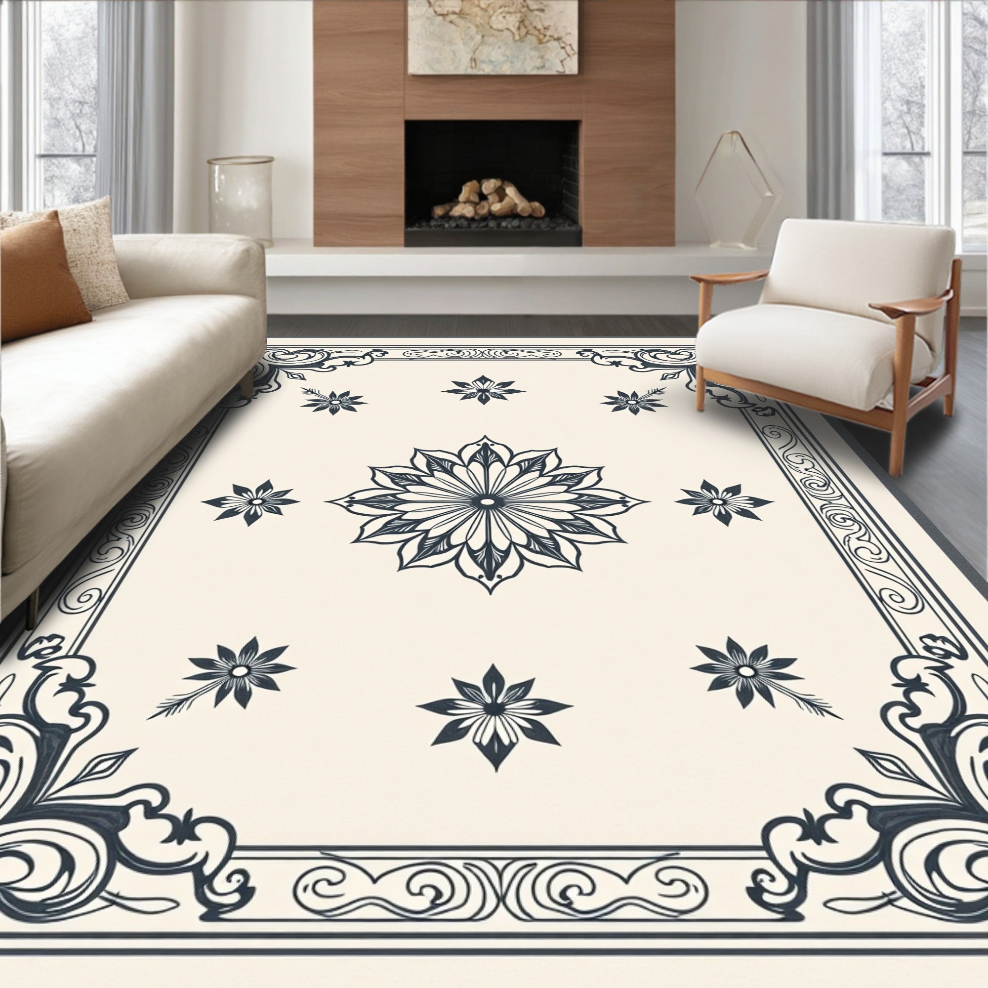 Classic Floral Border With Mandala Motif Rug